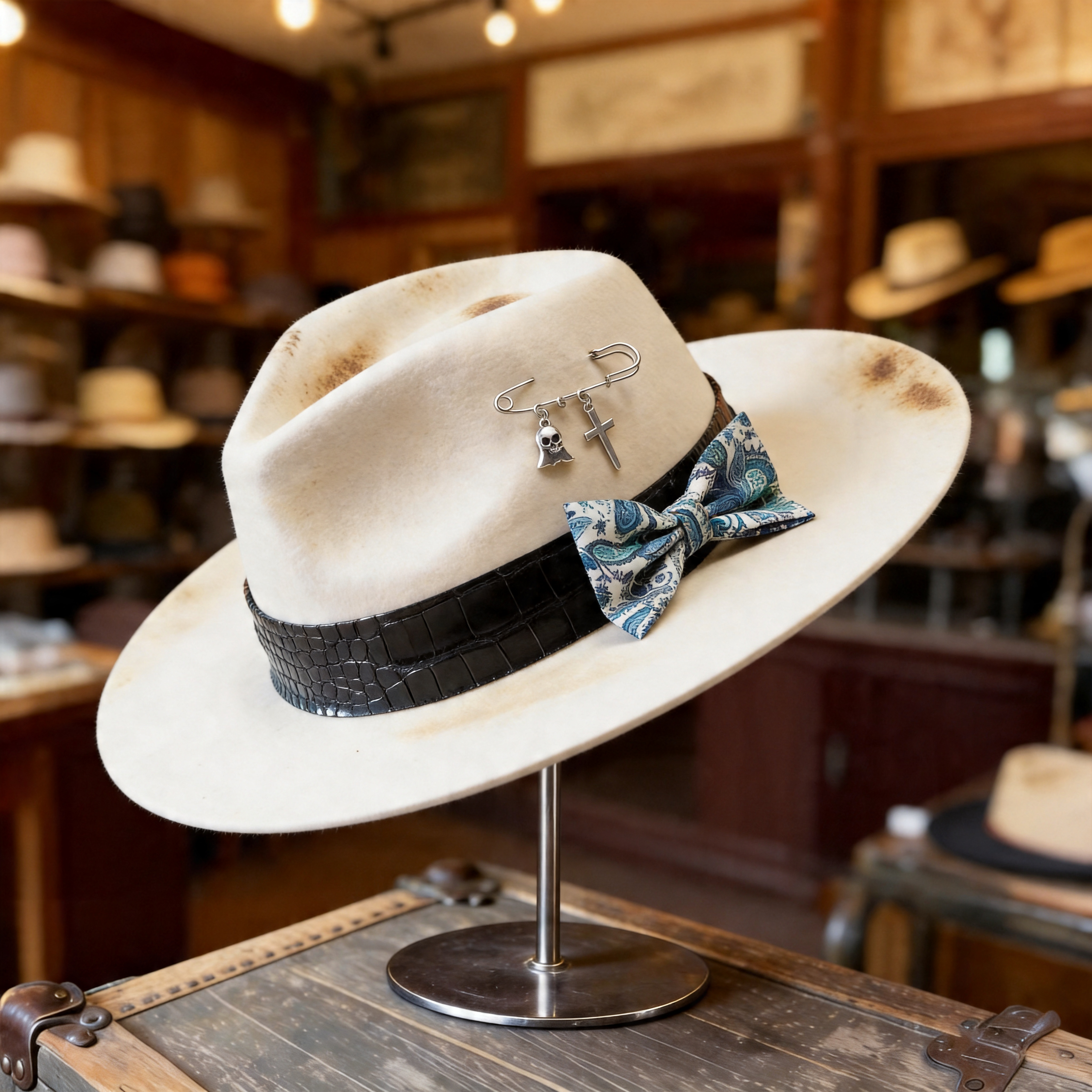 Edgy Felt Hat – Burnt Felt, Pin Detail, Textured Hatband