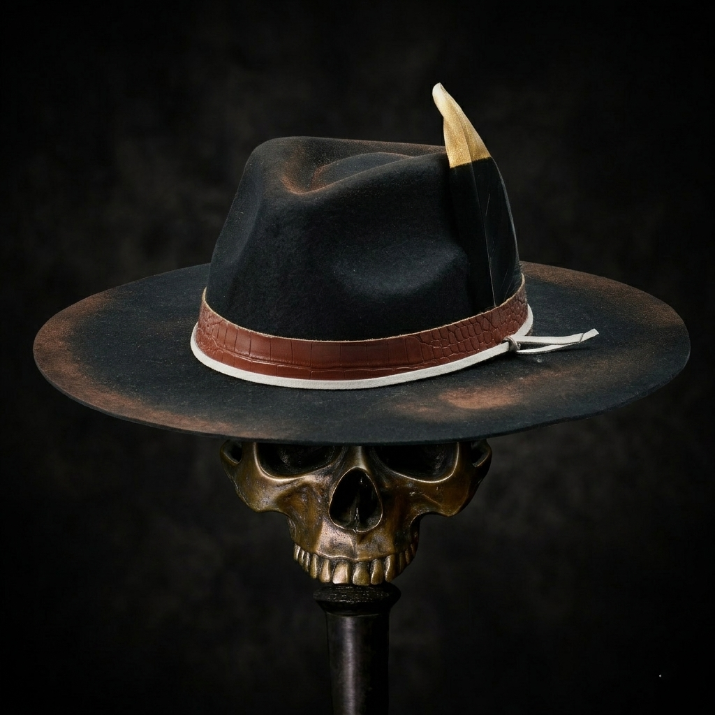 Hand-Burned Statement Felt Hat – Distressed Edge, Leather and Feather