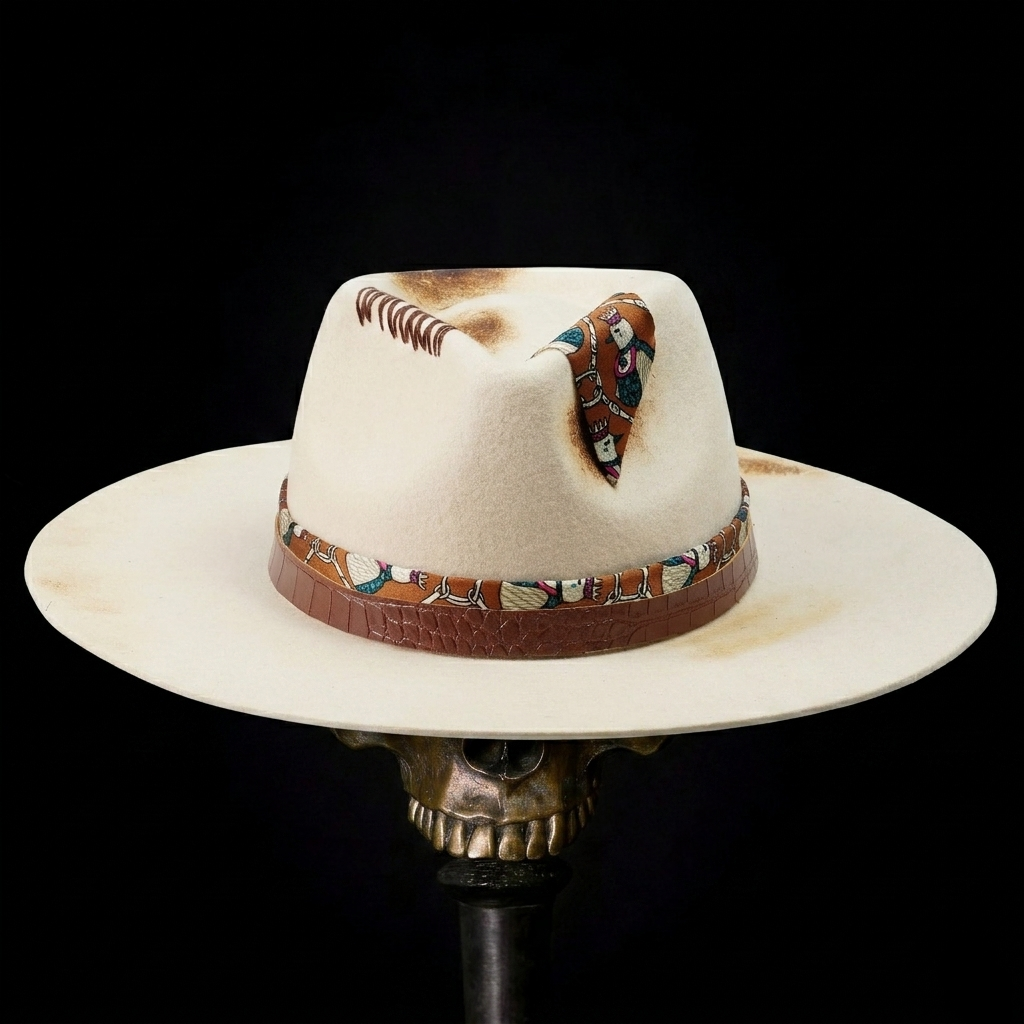 Hand-Burned Artistic Felt Hat – Light Base, Rebellious Detailing