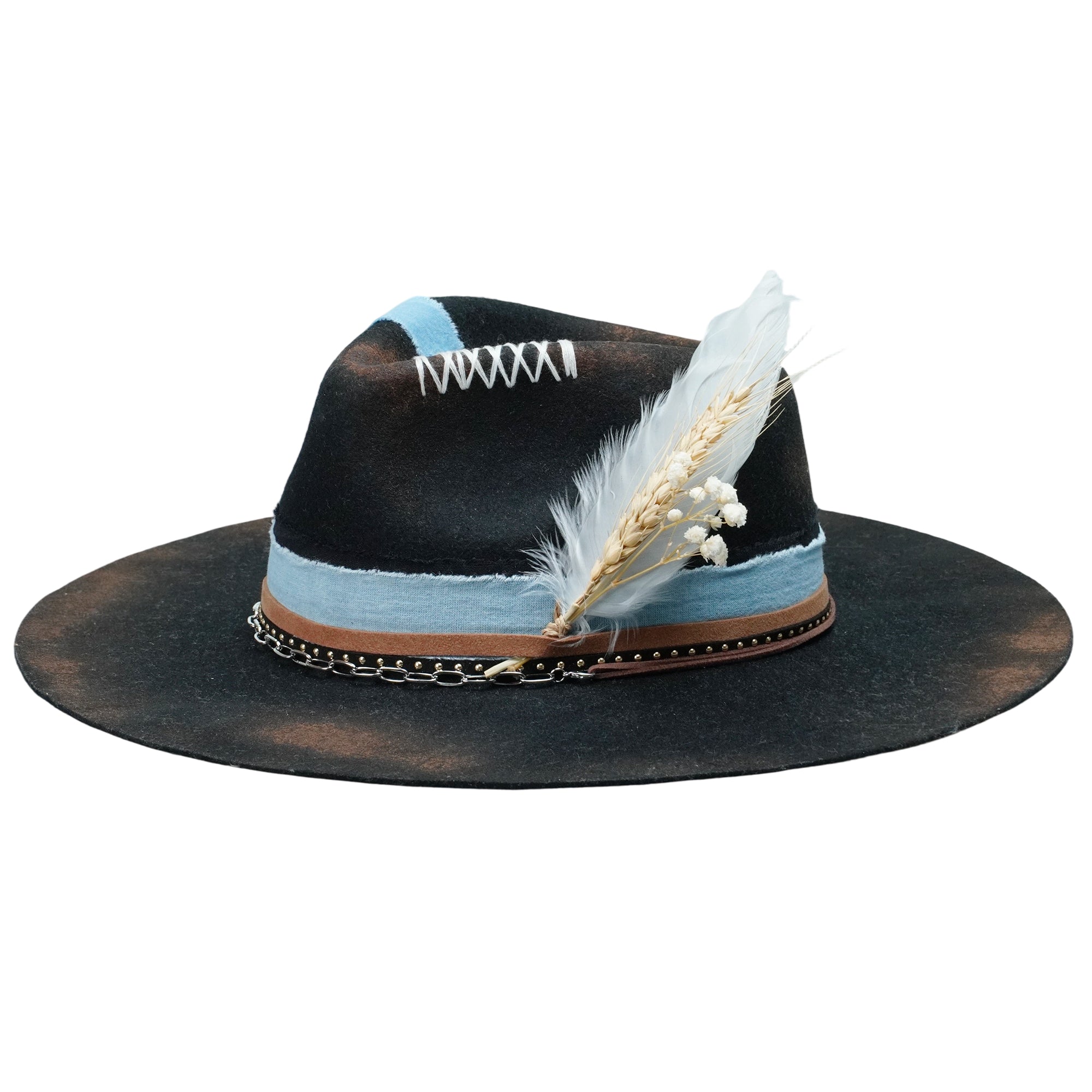 Gothic Felt Fedora with Silver Chain & Dried Flowers