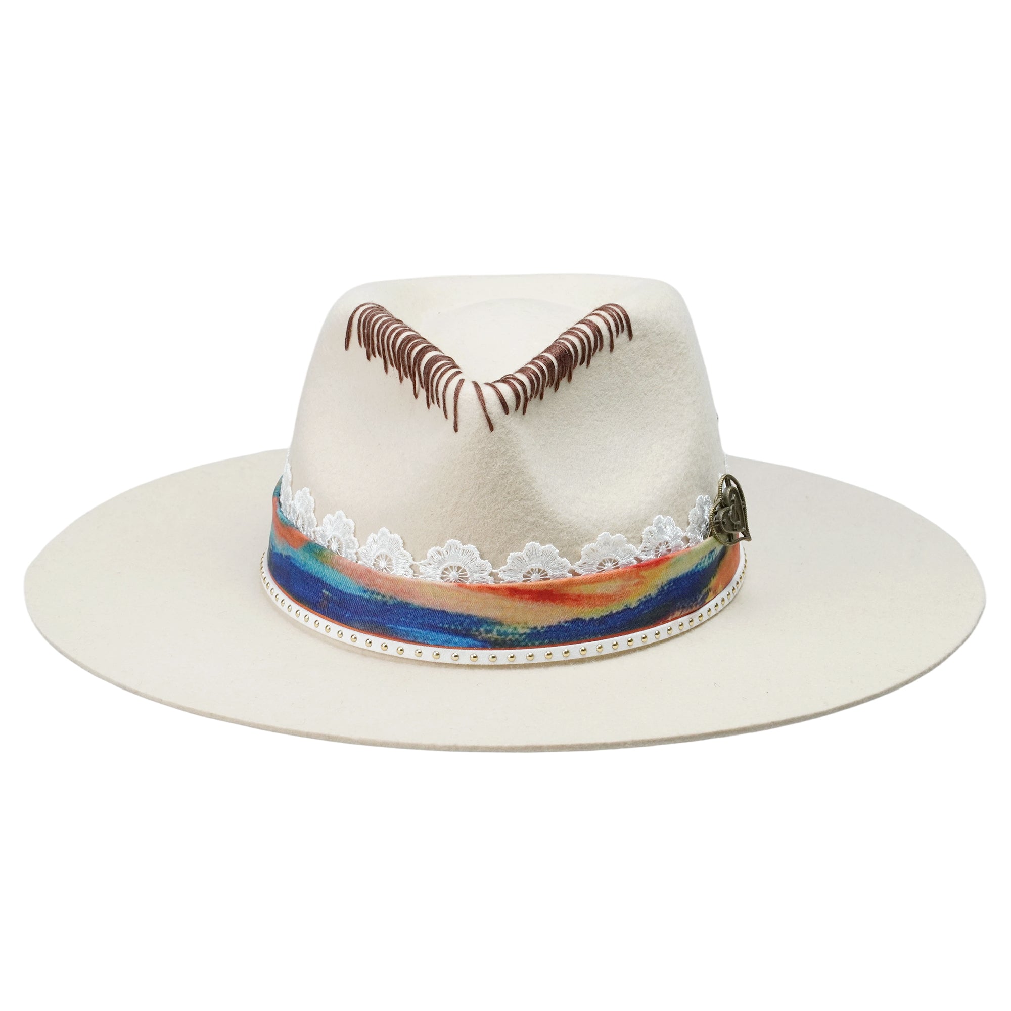 Off-White Felt Hat - Stitched Crown with Lace & Coppery Accent