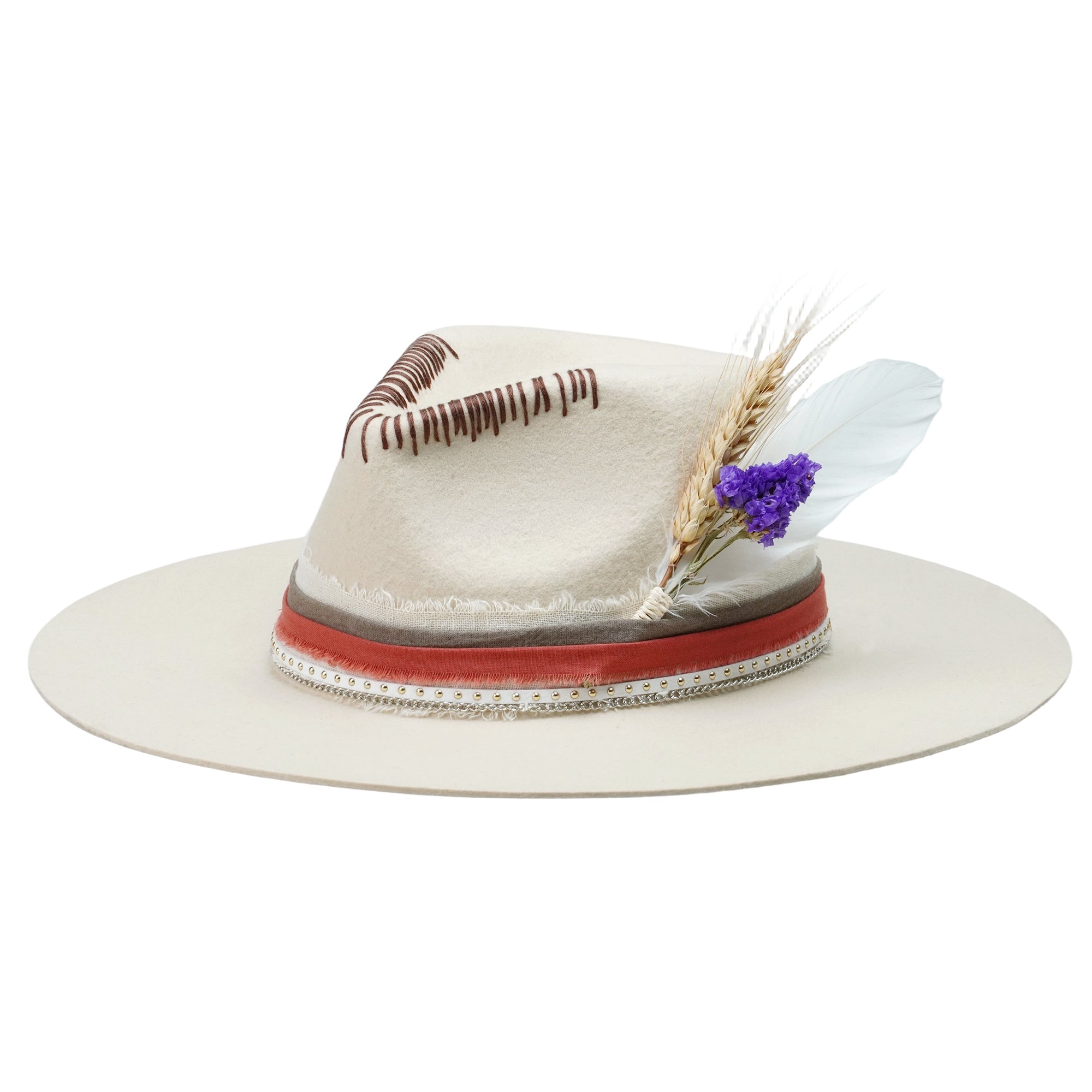 Classic Teardrop Crown Hat - Cream with Stitched Design