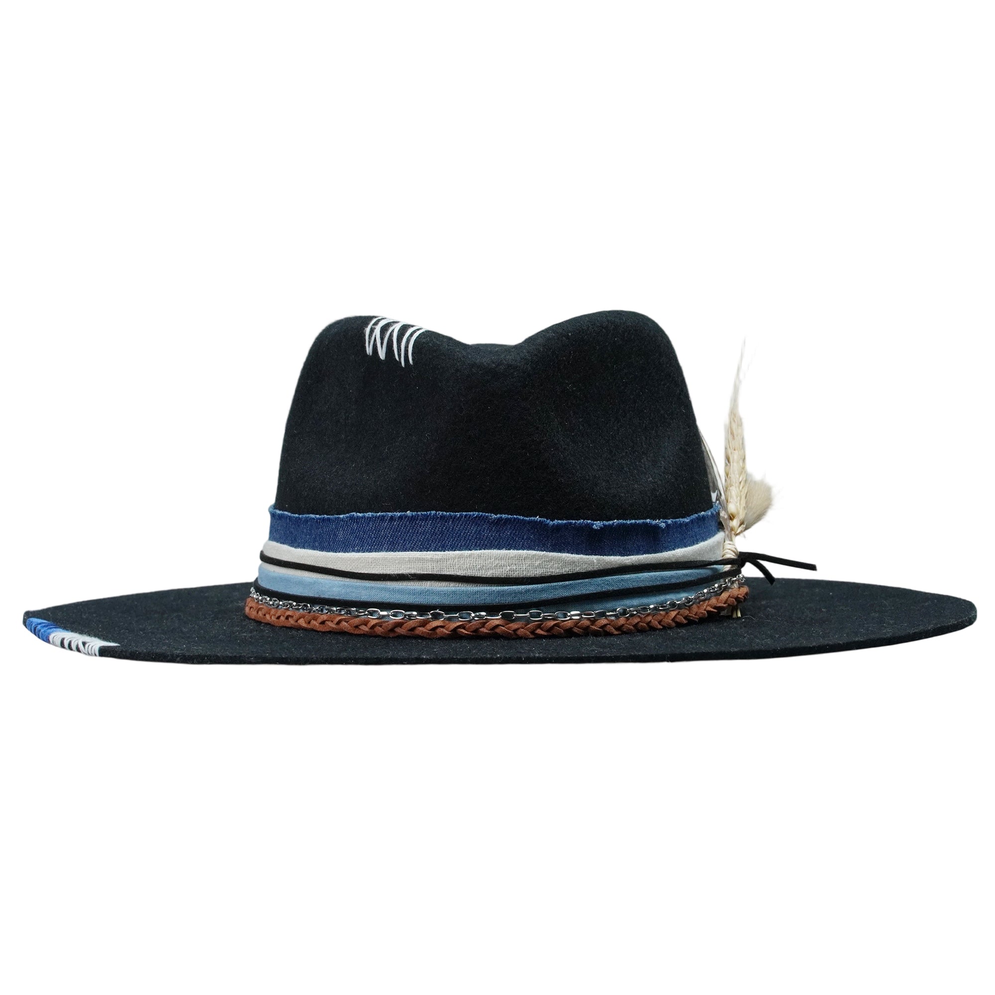 Black Felt Fedora with Braided Leather & Wheat