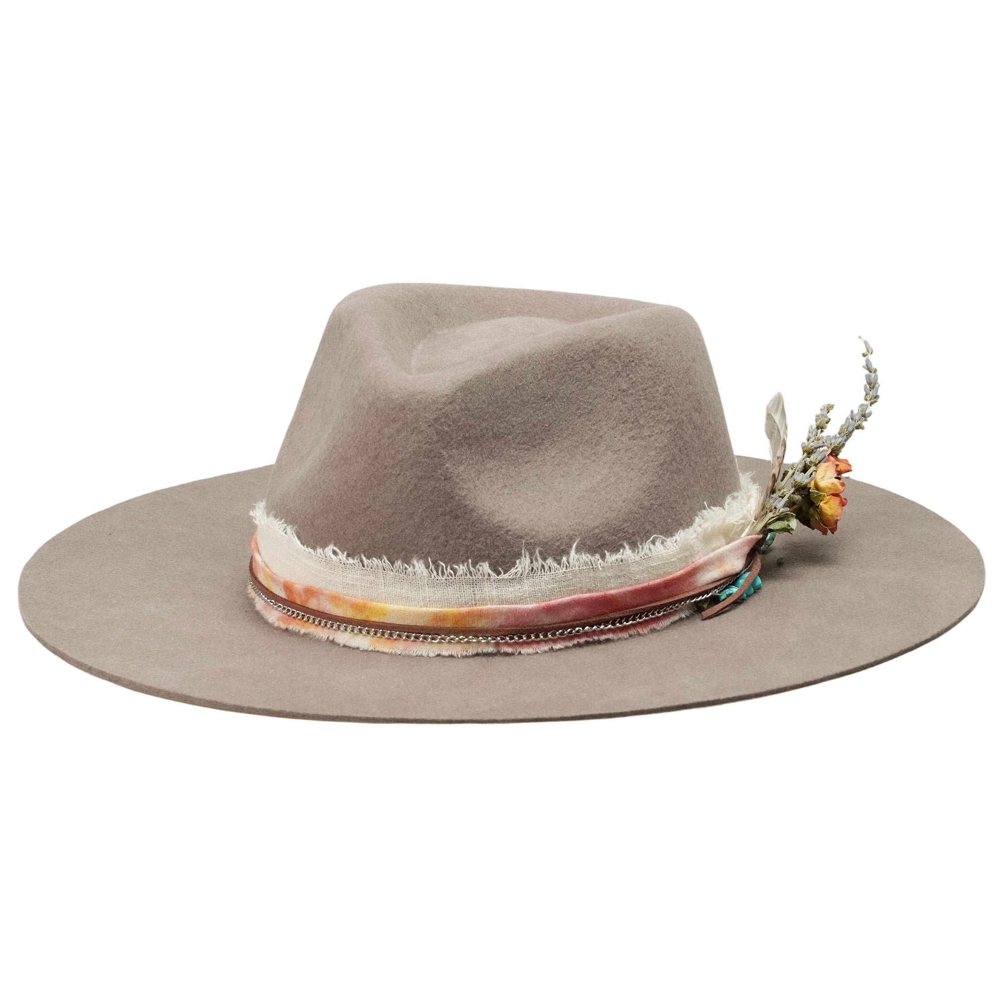 Camel Felt Hat - Silver Chain & Natural Feather Detail