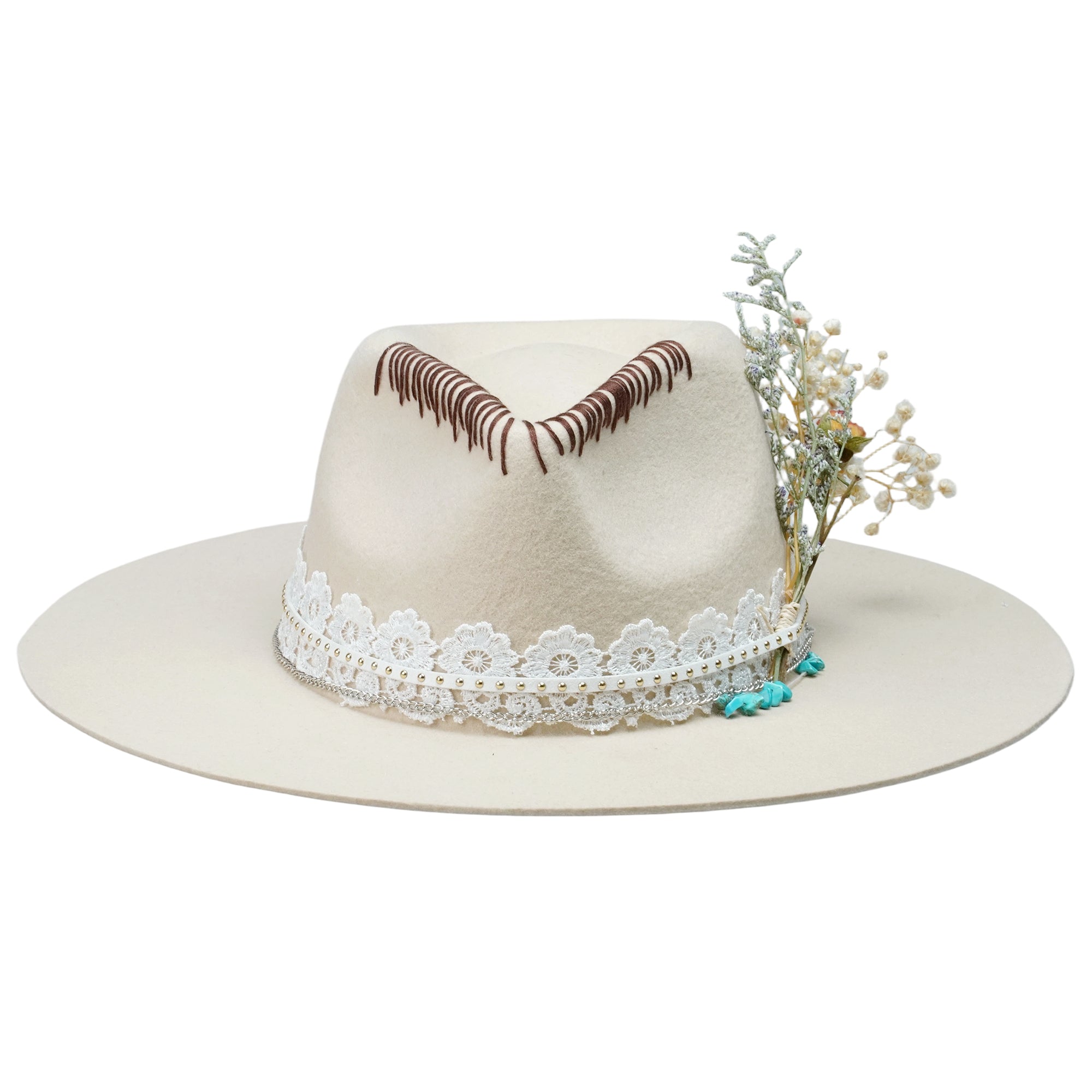 Cream Felt Fedora with Lace Band & Turquoise Beads