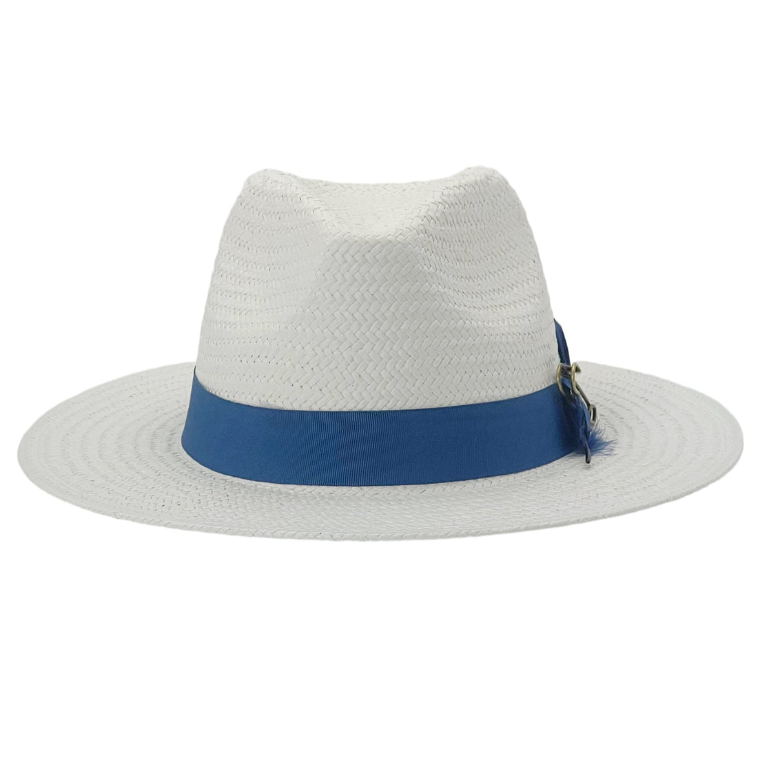 White Straw Hat – Blue Band & Feather Accent