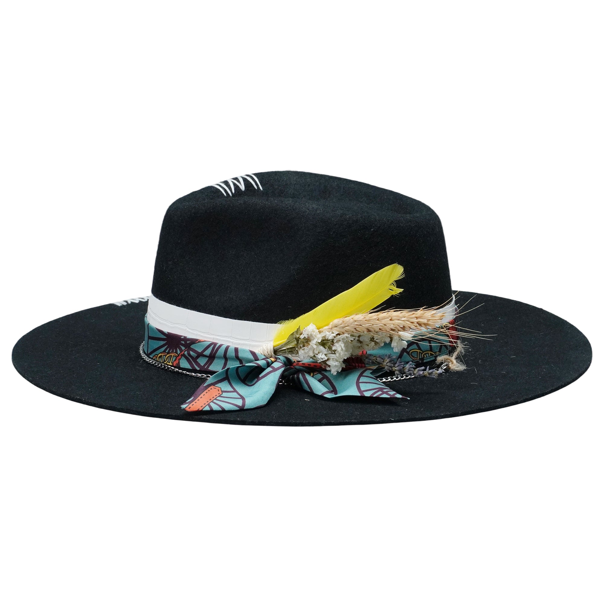 Black Straight Brim Felt Hat with Floral & Croc Band