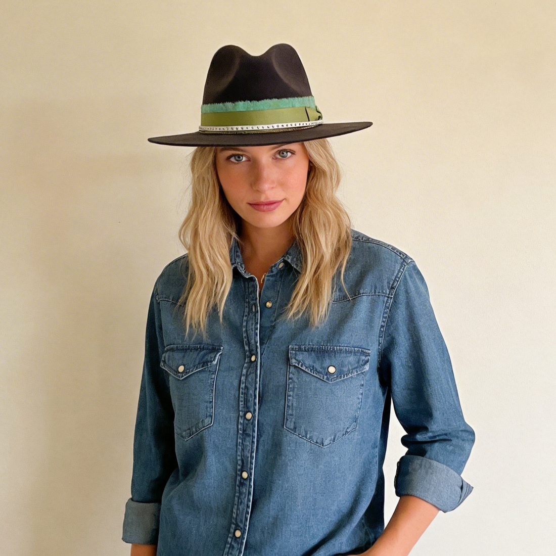 Gray Felt Hat – Layered Green & White Accents