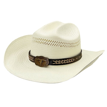 Beige Straw Hat – Retro Metal Detail