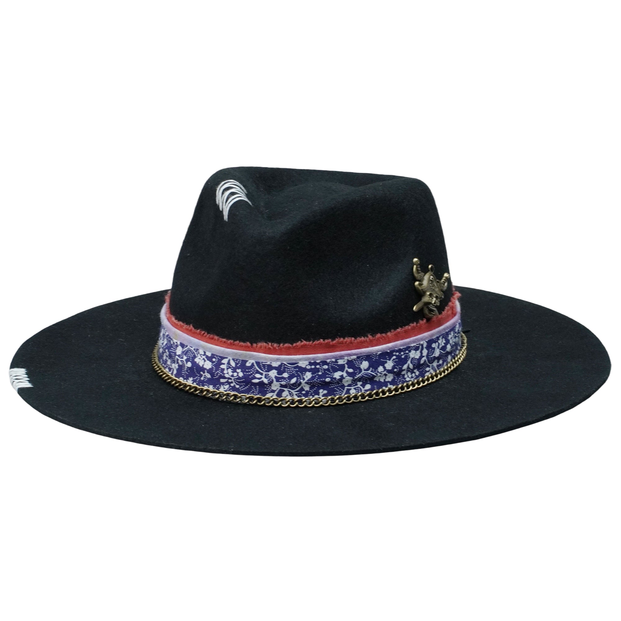 Felt Hat: Floral Fabric and Ornate Metal Detail
