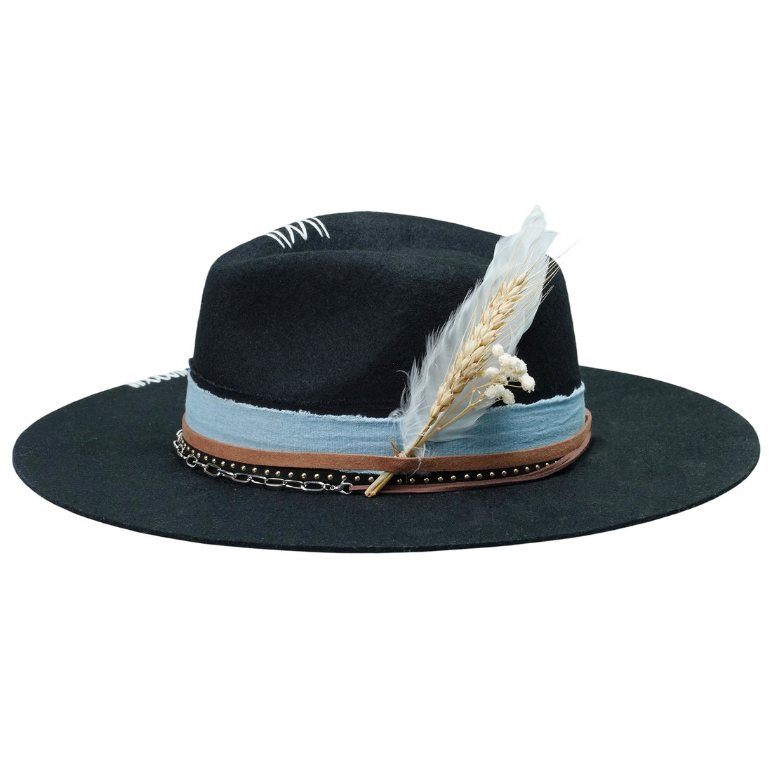 Classic Black Felt Fedora with Denim & Dried Flower Band