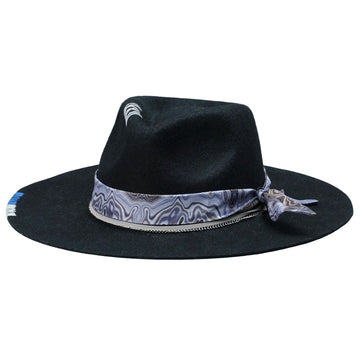 Black Straight Brim Felt Hat with Gray Cord & Stitching
