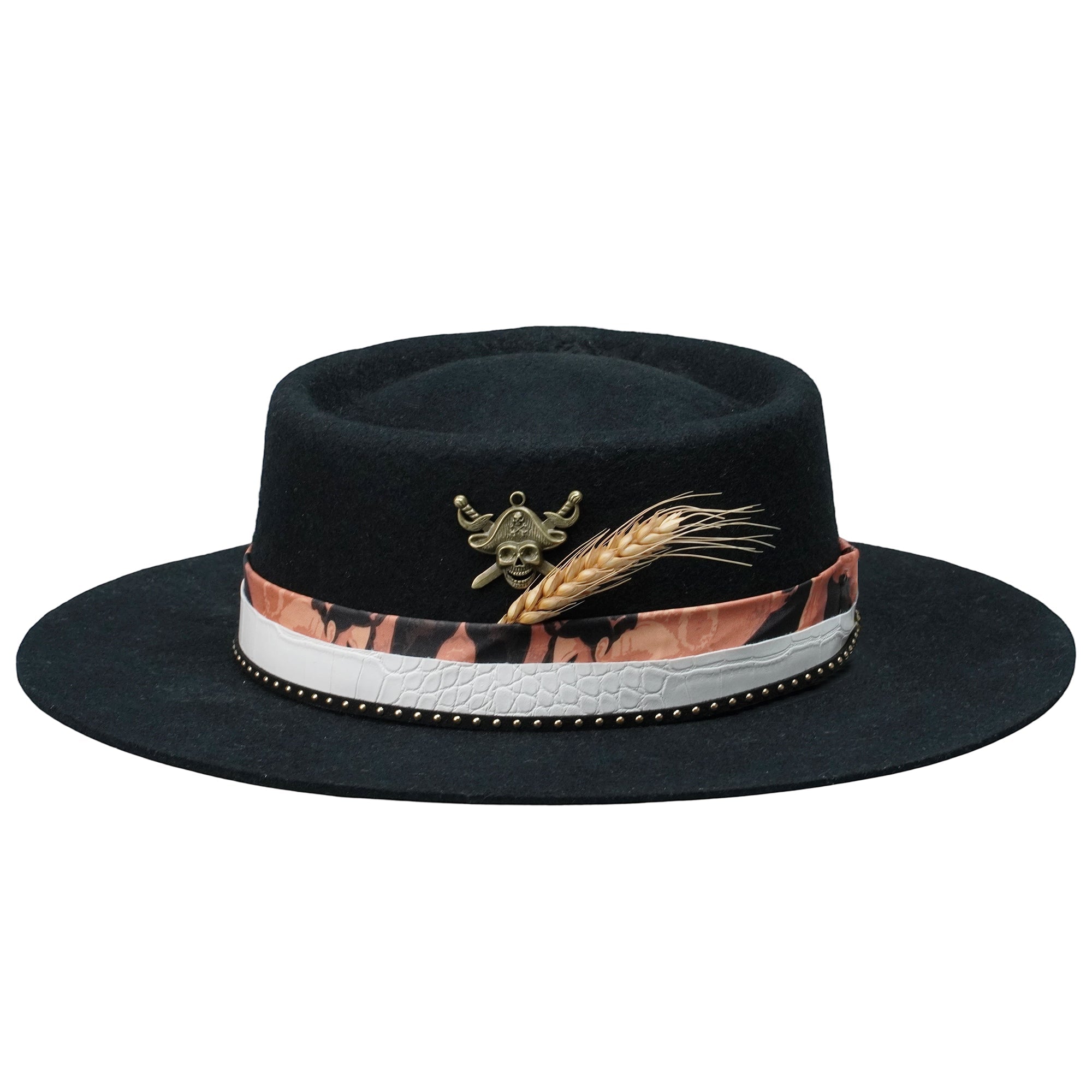 Rustic Black Hat: Wheat Design, Metal Trim