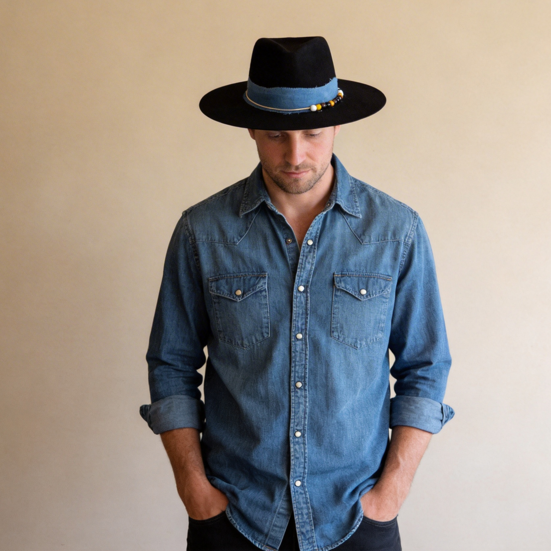 Premium Felt Hat – Blue Fabric & Beads