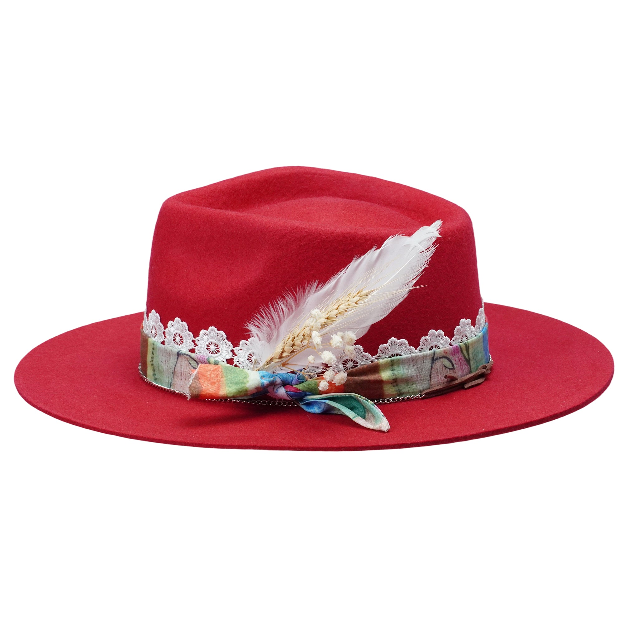 Red Straight Brim Felt Hat with Lace & Floral Band
