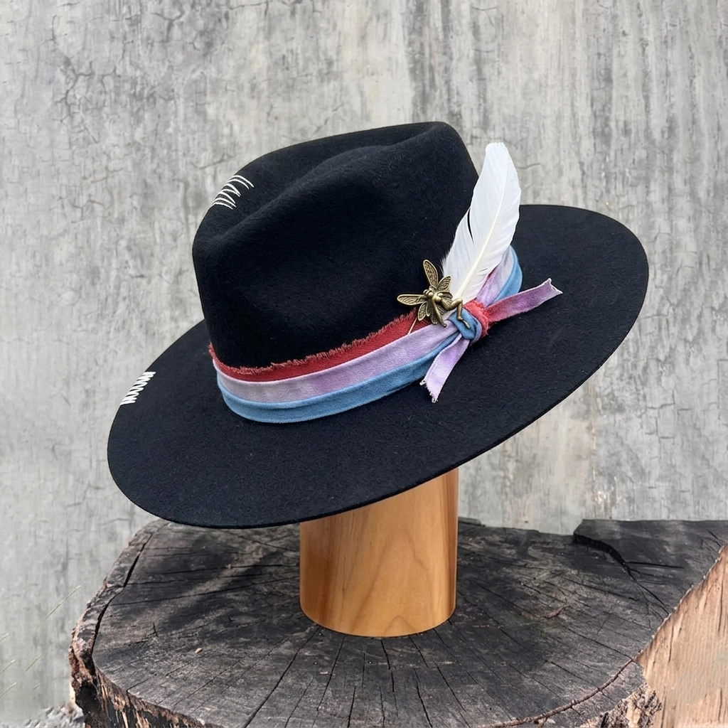 Teardrop Felt Hat with Tie-Dye, Feathers & Pin