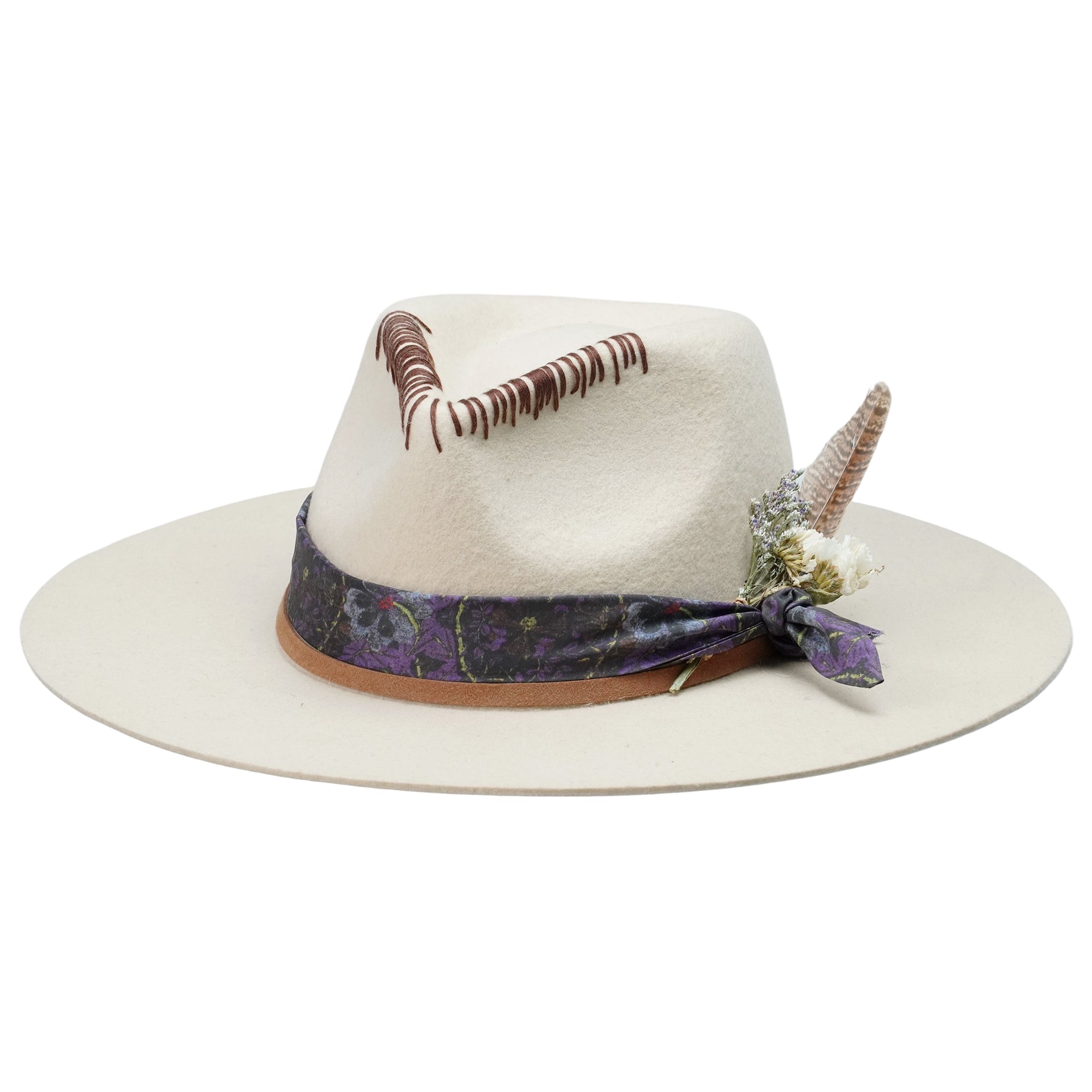 Teardrop Fedora - Off-White with Feather & Brown Cord Detail