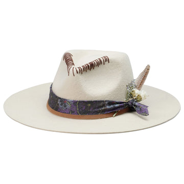 Teardrop Fedora - Off-White with Feather & Brown Cord Detail