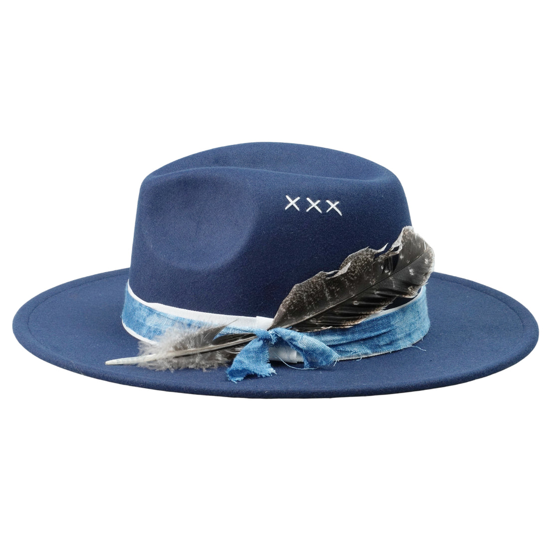 Blue Felt Fedora with Tie-Dye Band & Feather