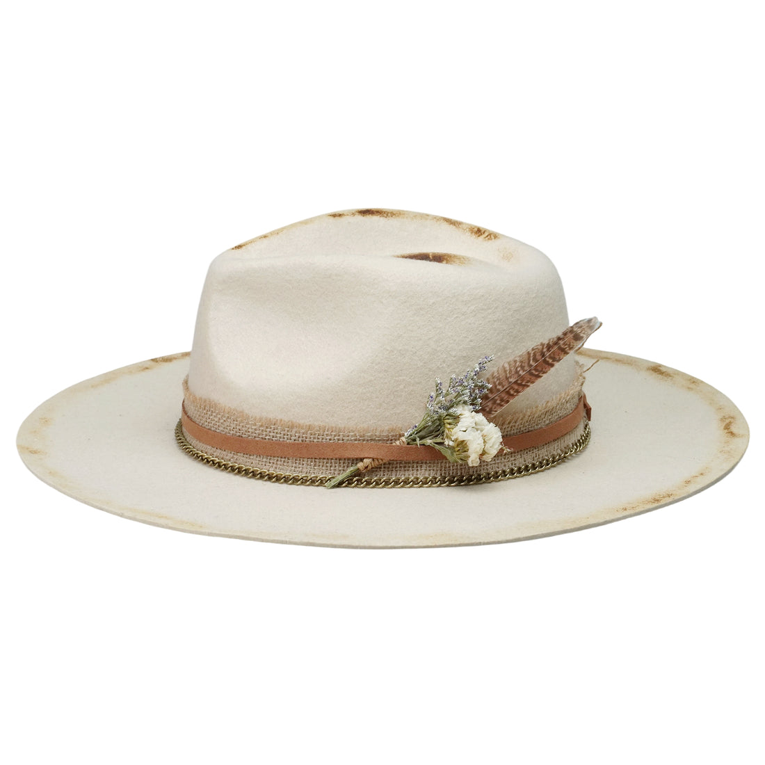 Off-White Flat Brim Felt Hat with Dried Flowers