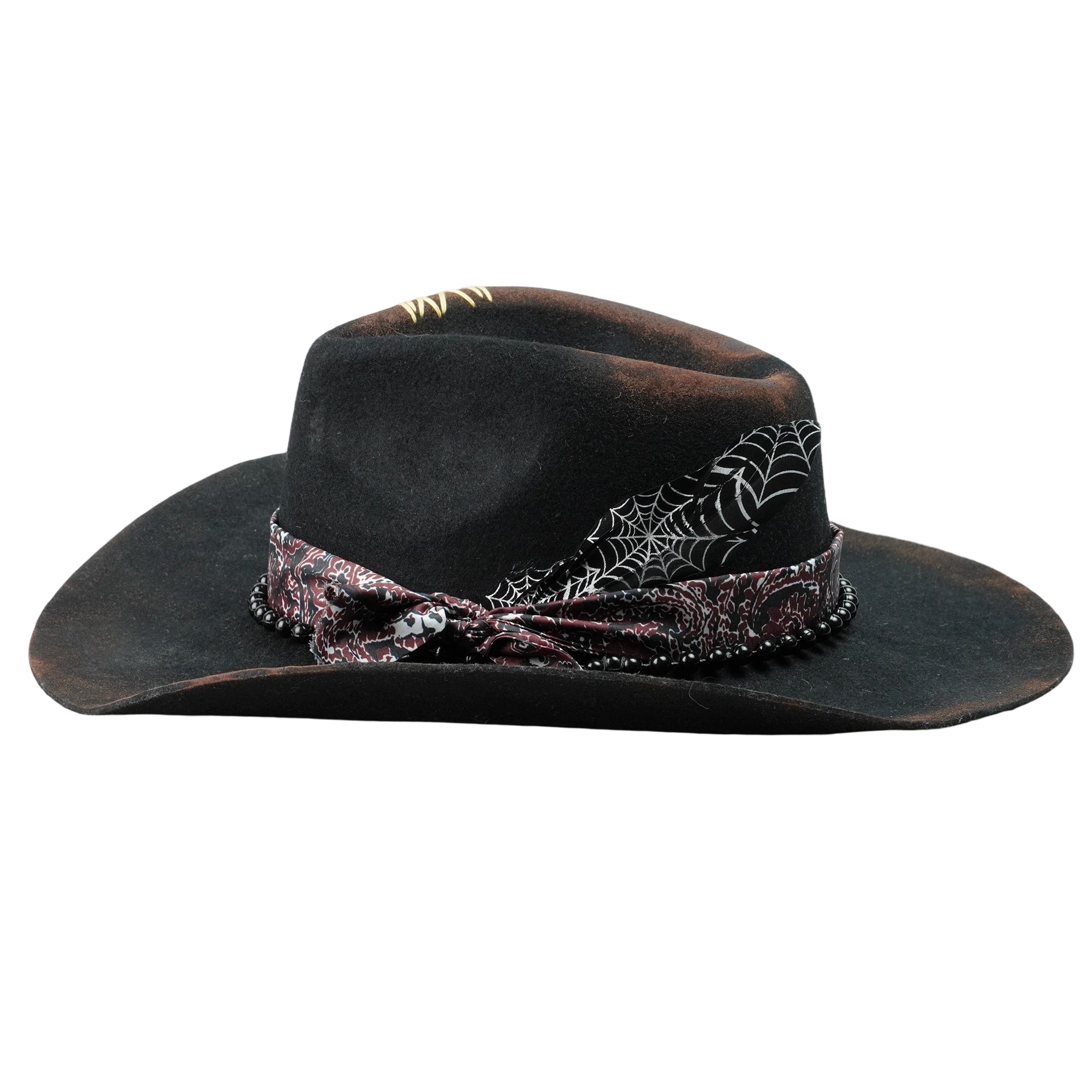 Hand-Burned Refined Felt Hat – Dark Tone, Delicate Beadwork