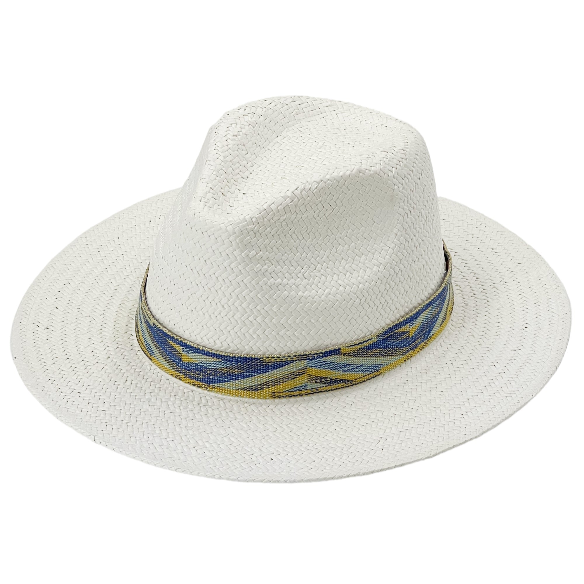 White Straw Hat – Woven Blue & Yellow Trim