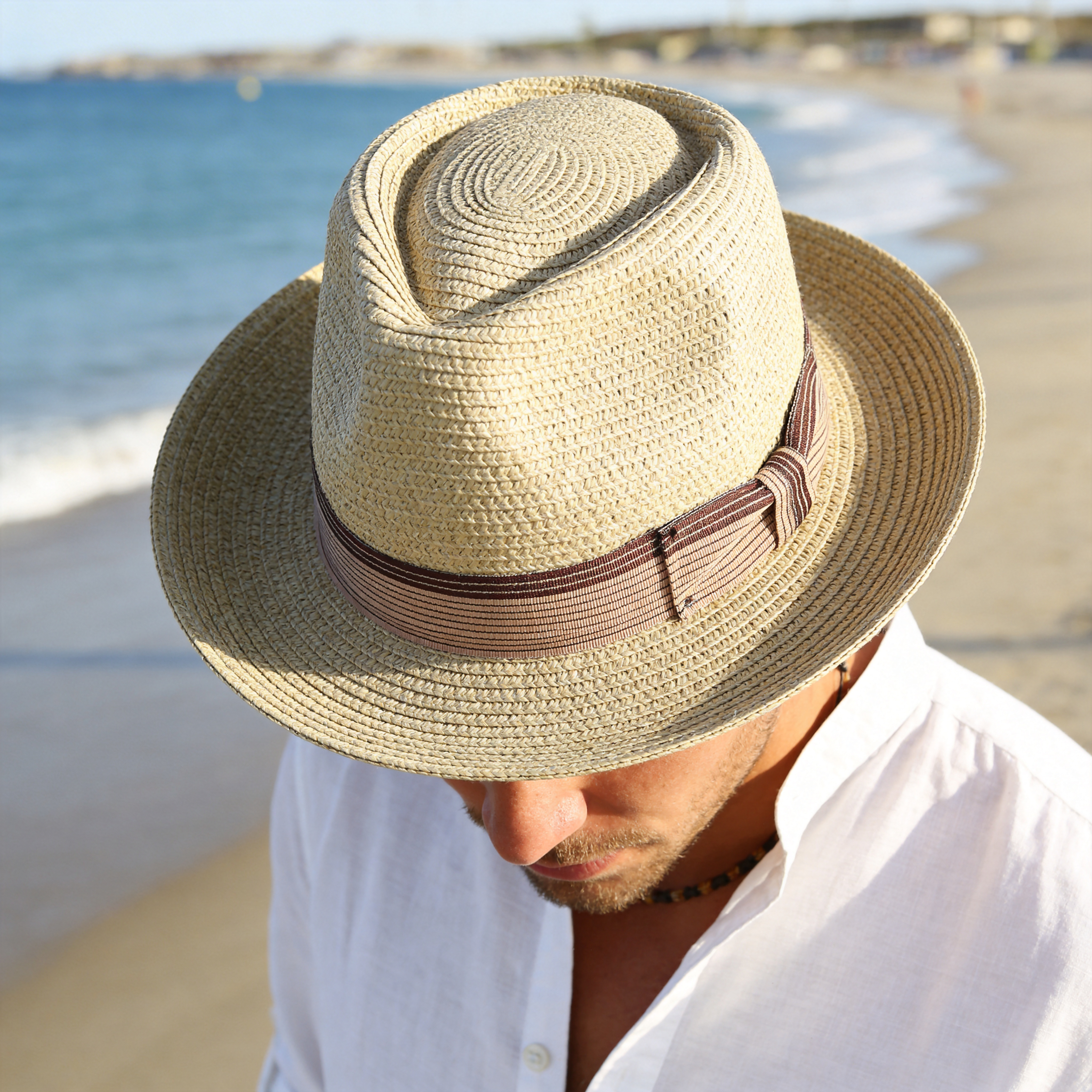 Straw Hat – Beige, Narrow Brim, Striped Band