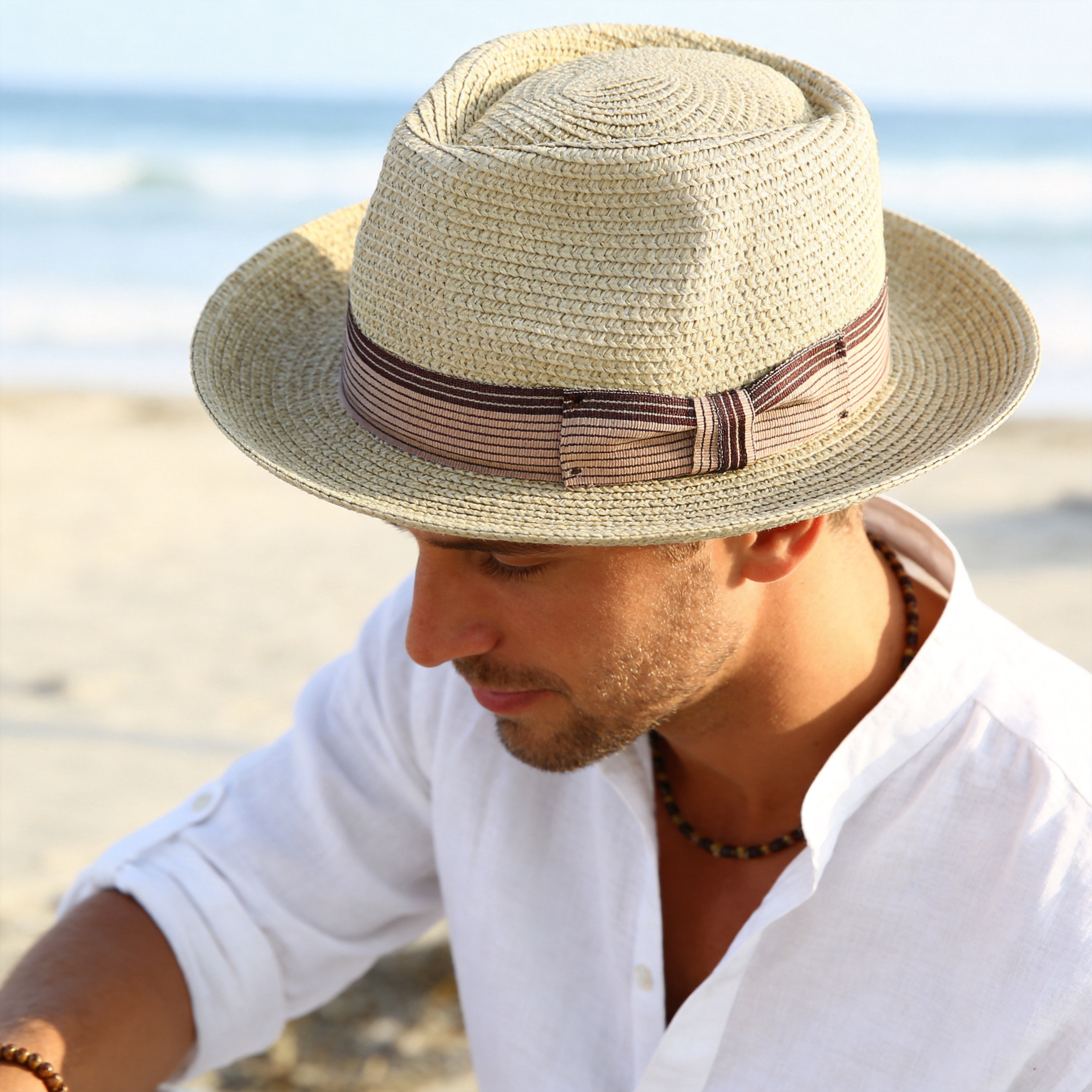 Straw Hat – Beige, Narrow Brim, Striped Band