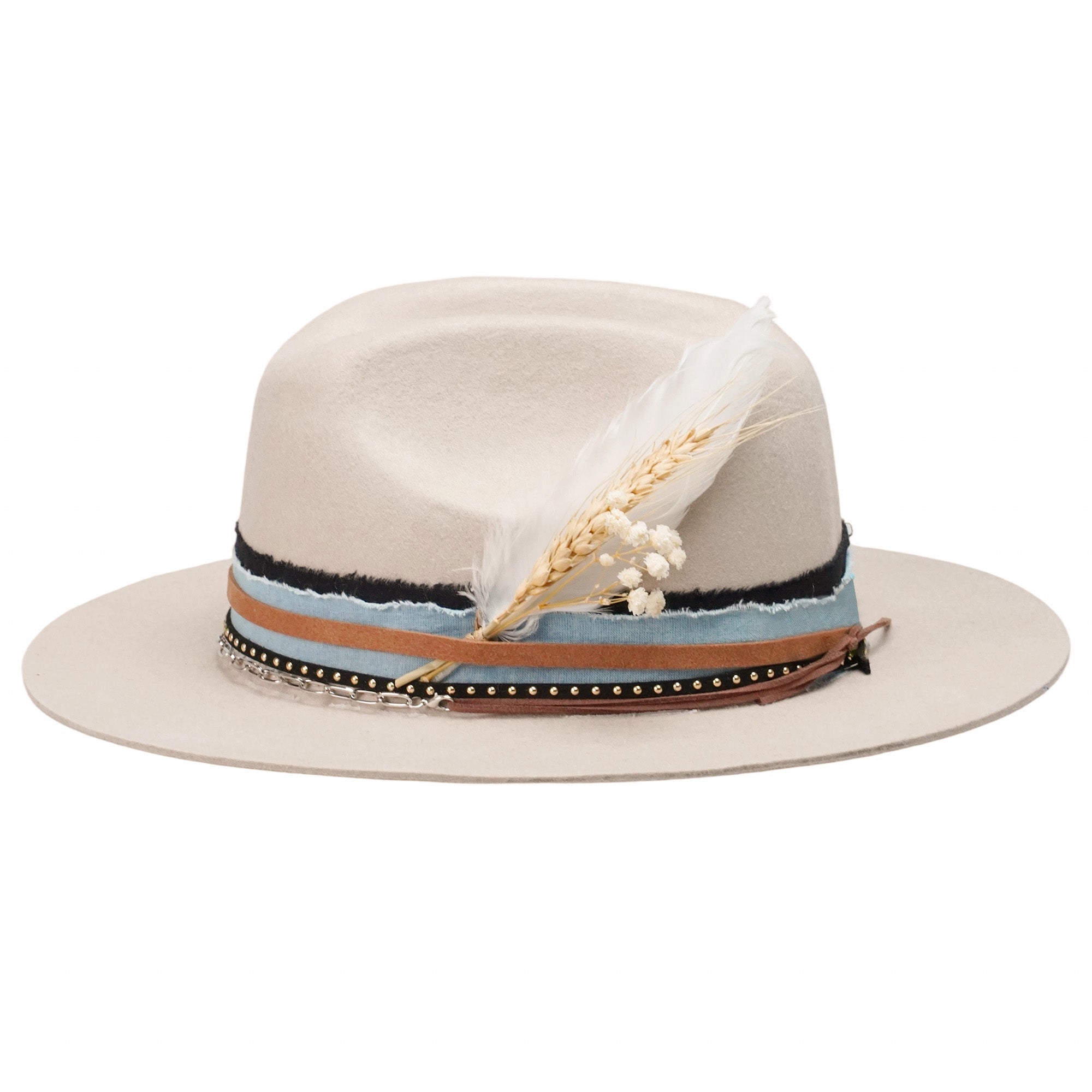 Oatmeal Felt Hat - Silver Chain & Floral Accent Detail