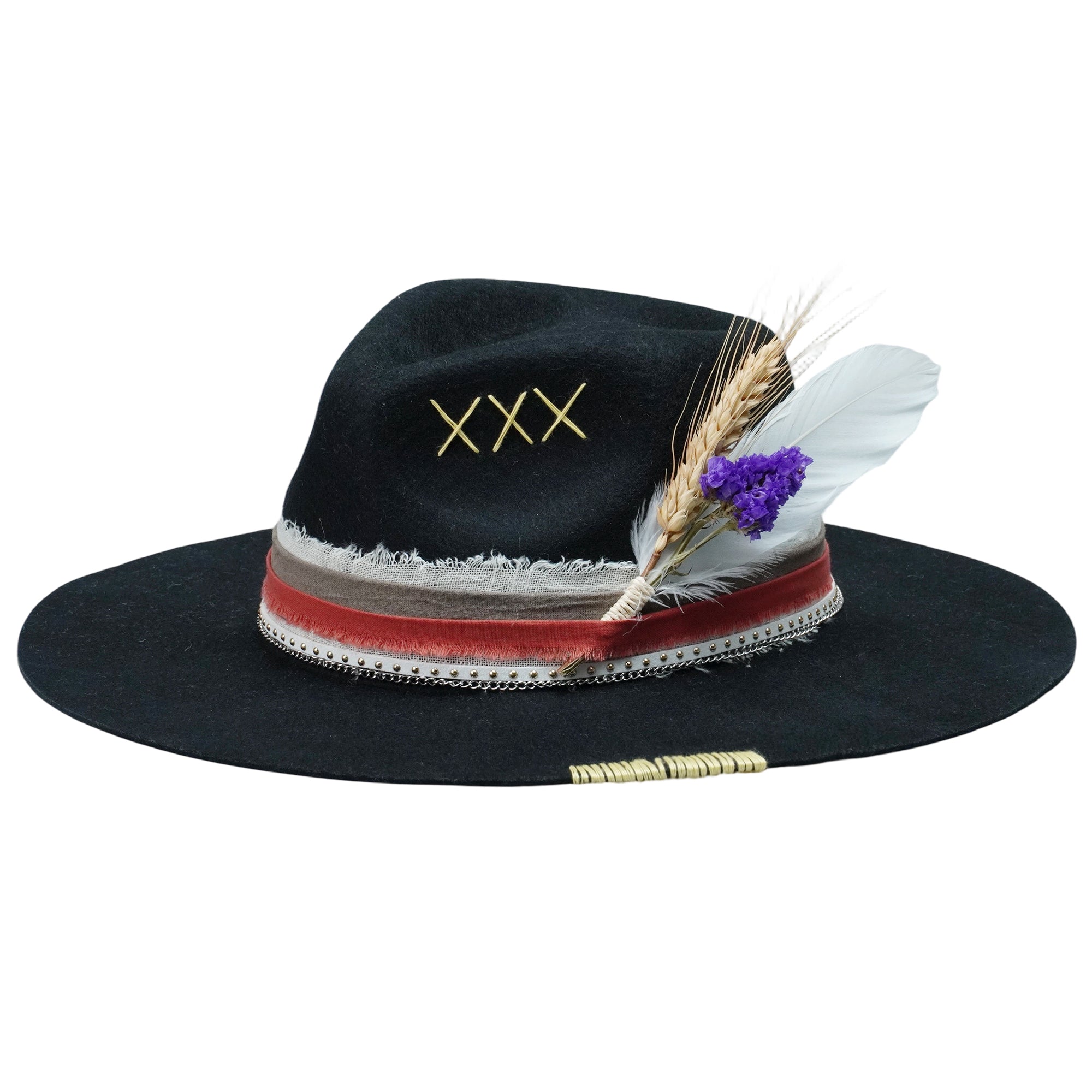 Black Felt Hat with Stitched Crown & Silver Chain Detail