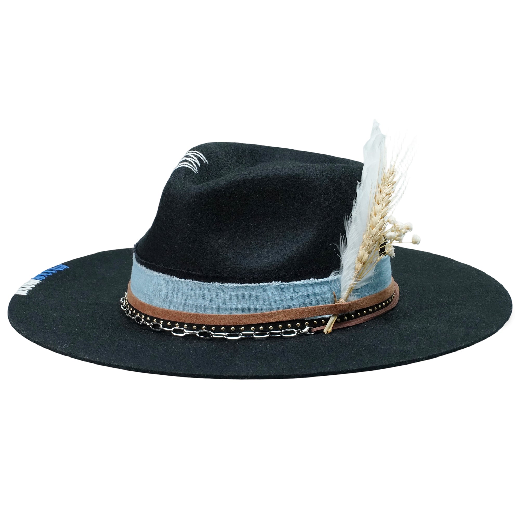 Classic Black Felt Fedora with Denim & Dried Flower Band