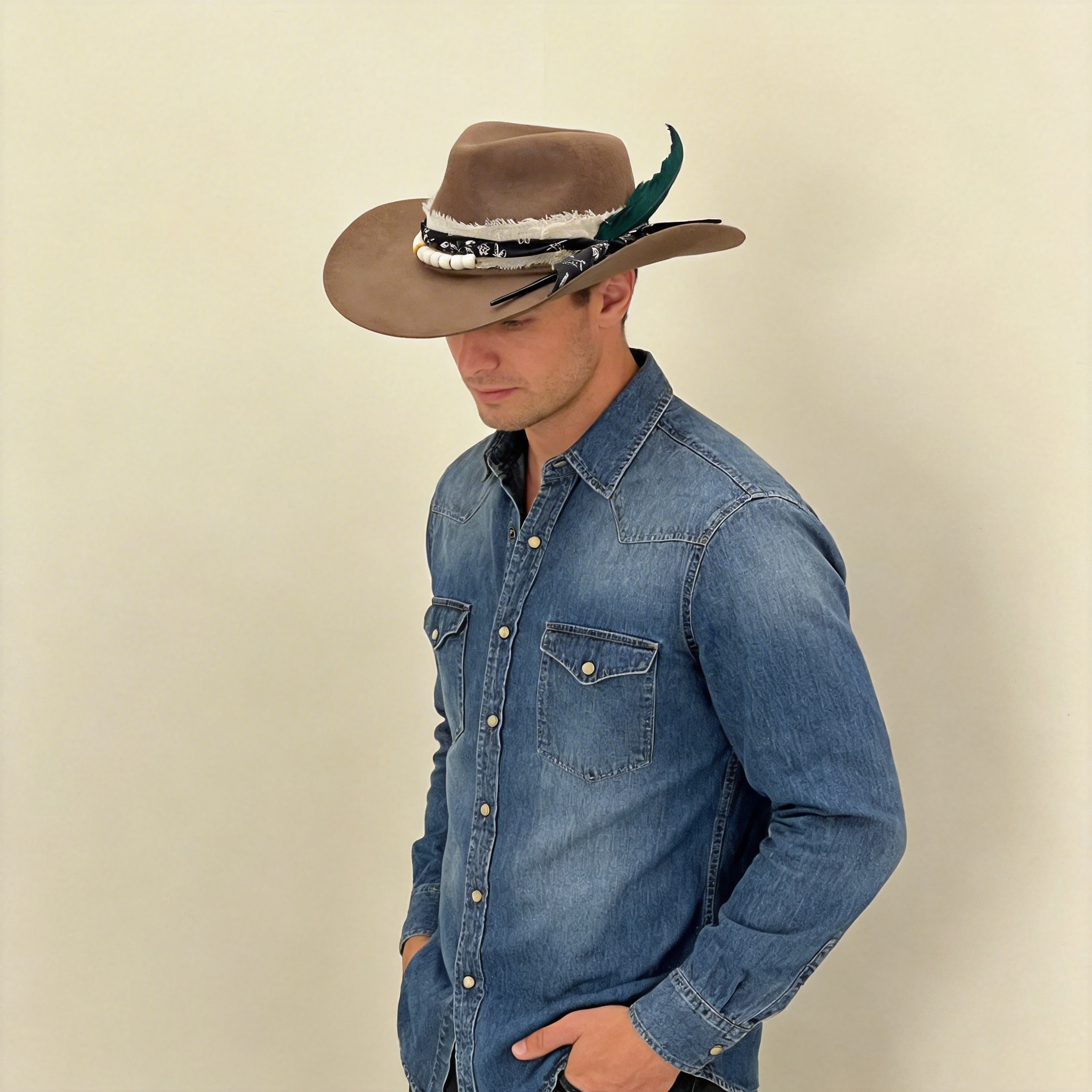 Tan Cowboy Hat – Woven Band & Feather