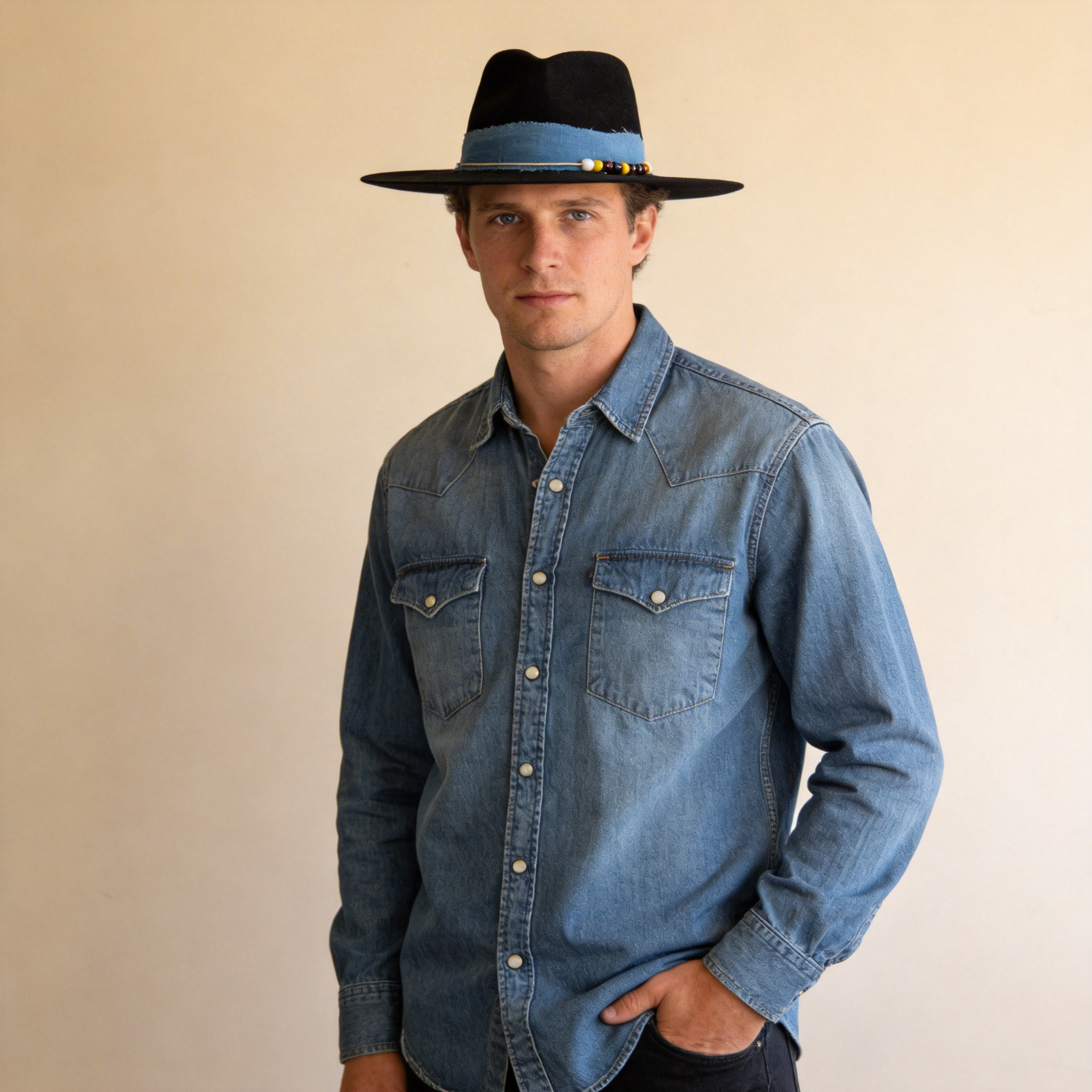 Premium Felt Hat – Blue Fabric & Beads