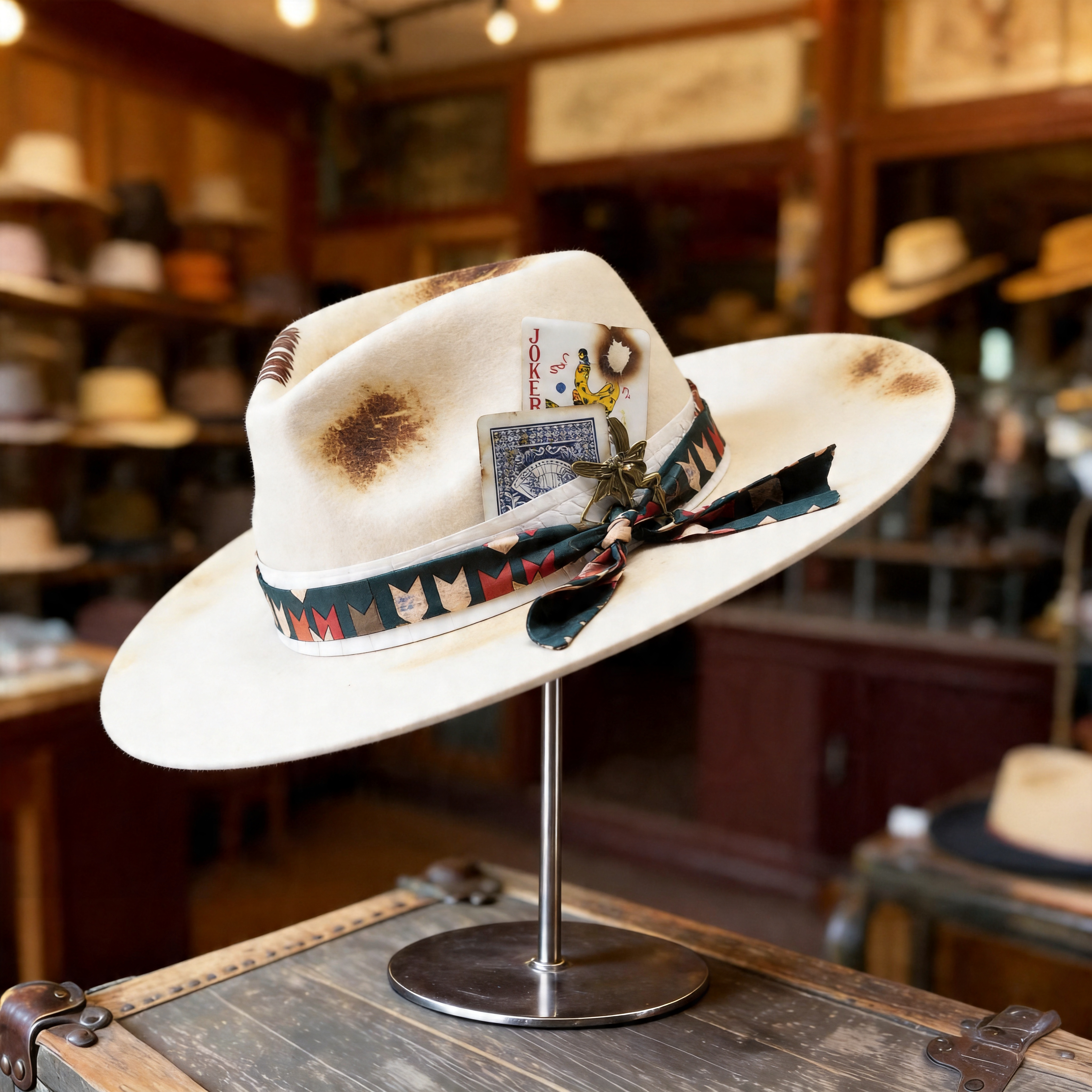Artistic Felt Hat – Neutral Base, Charred Playing Card Feature