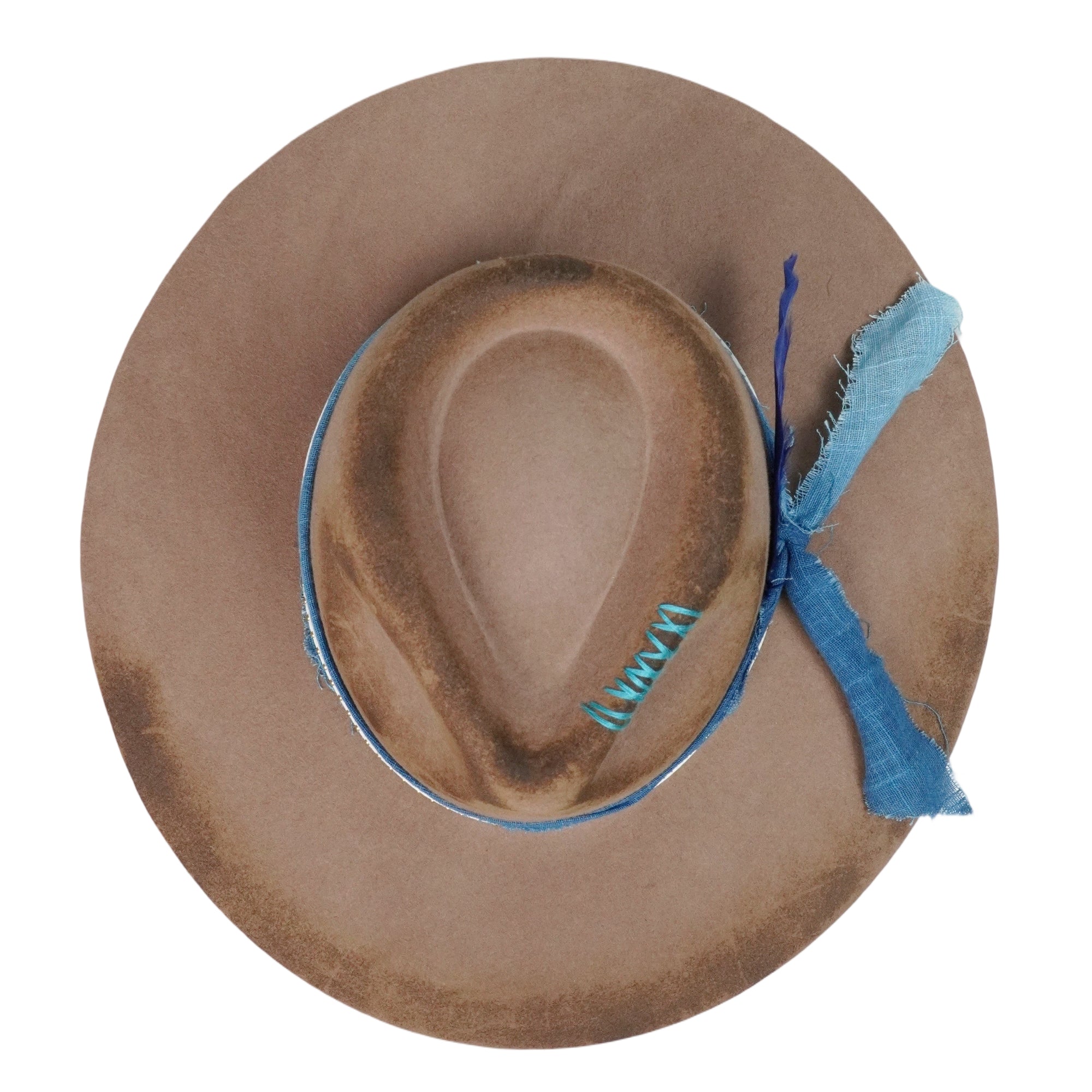 Hand-Burned Camel Felt Hat – Fabric Band, Feather Accent