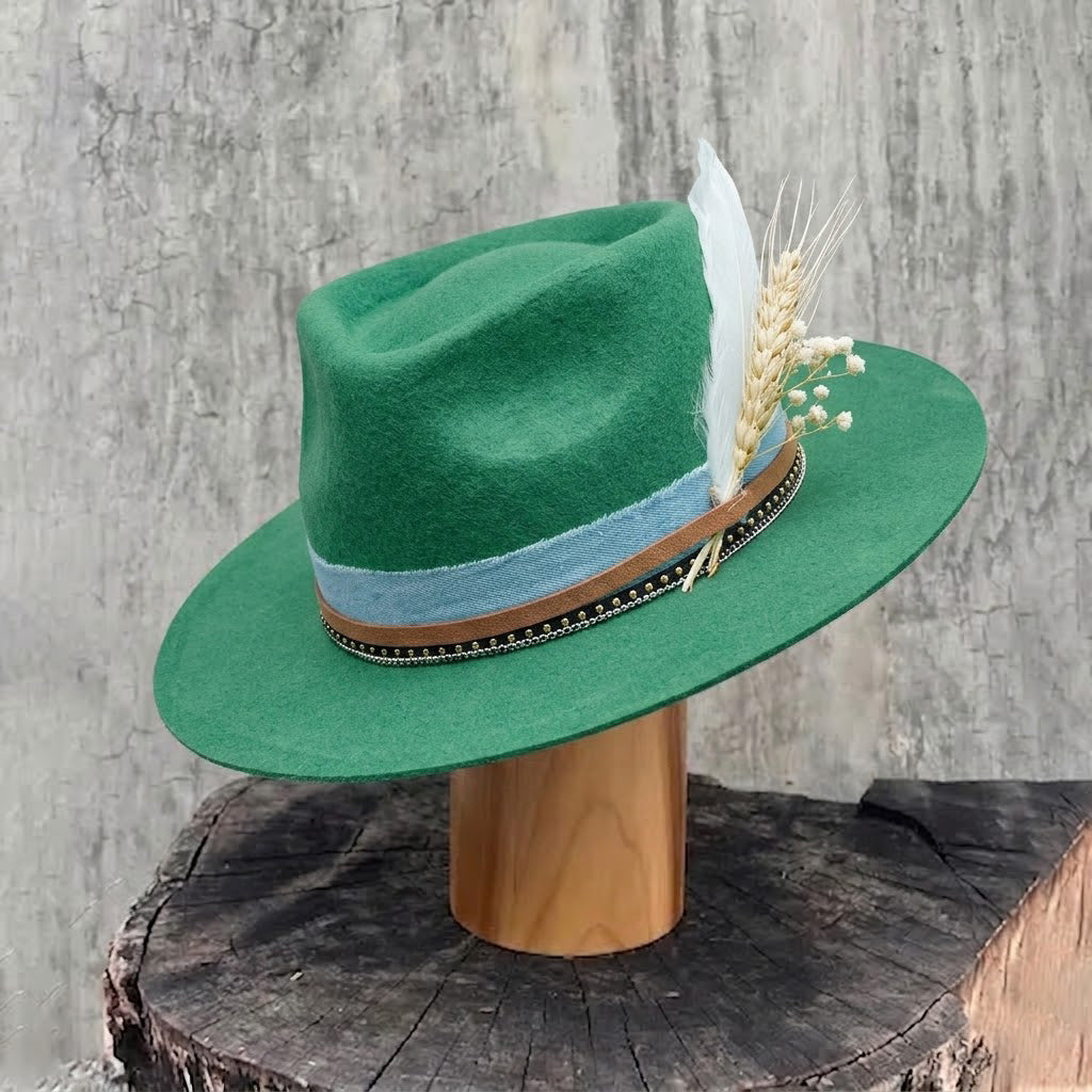 Green Straight Brim Felt Hat with Denim Band