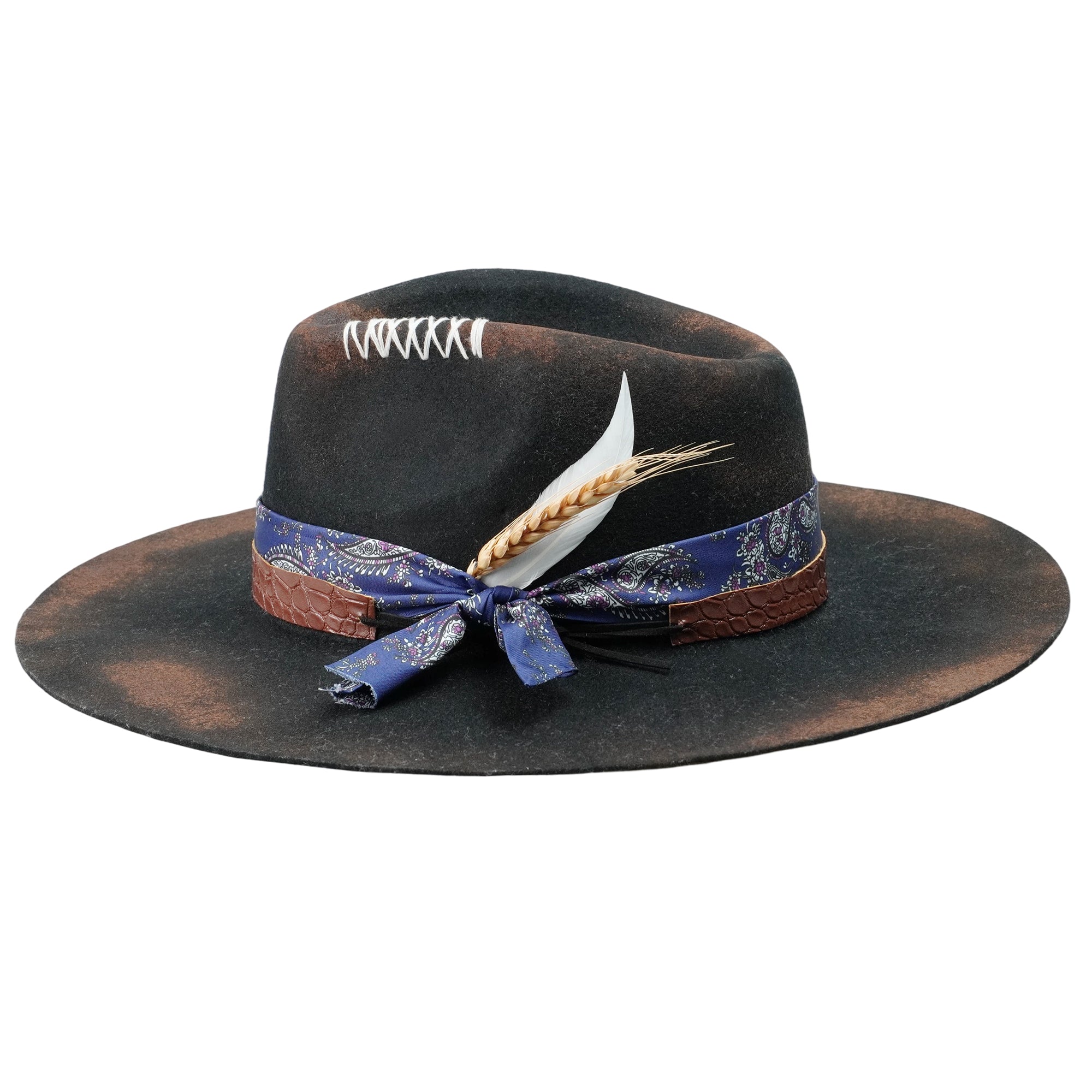 Hand-Burned Distressed Felt Hat – Croc-Texture Band, Feather Accent