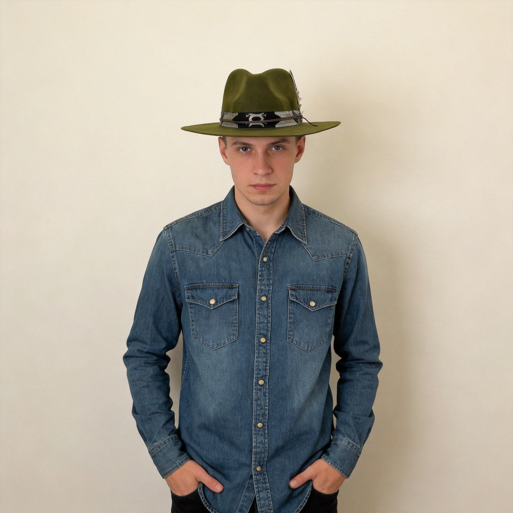 Sage Green Wide-Brim – Shimmer Band & Feather
