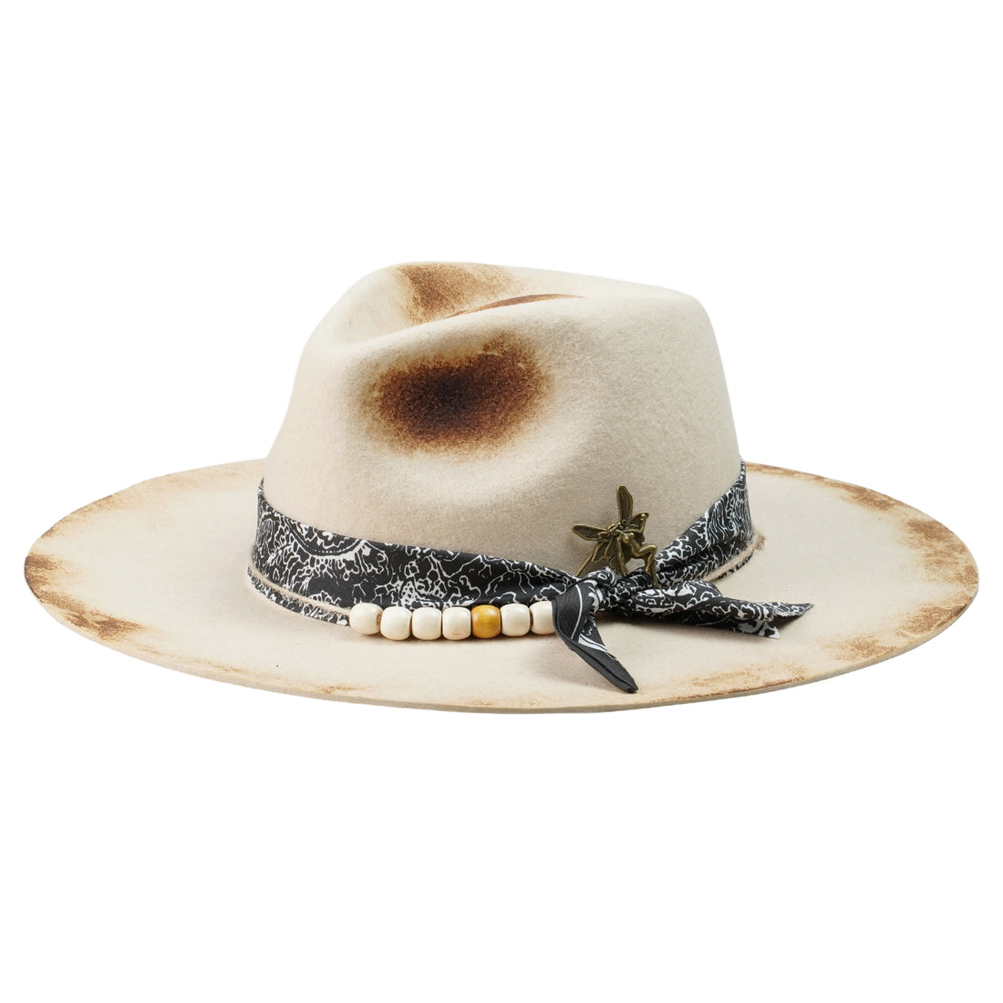 Hand-Burned Straight-Brim Felt Hat – Beaded Band, Vintage Metal Pin