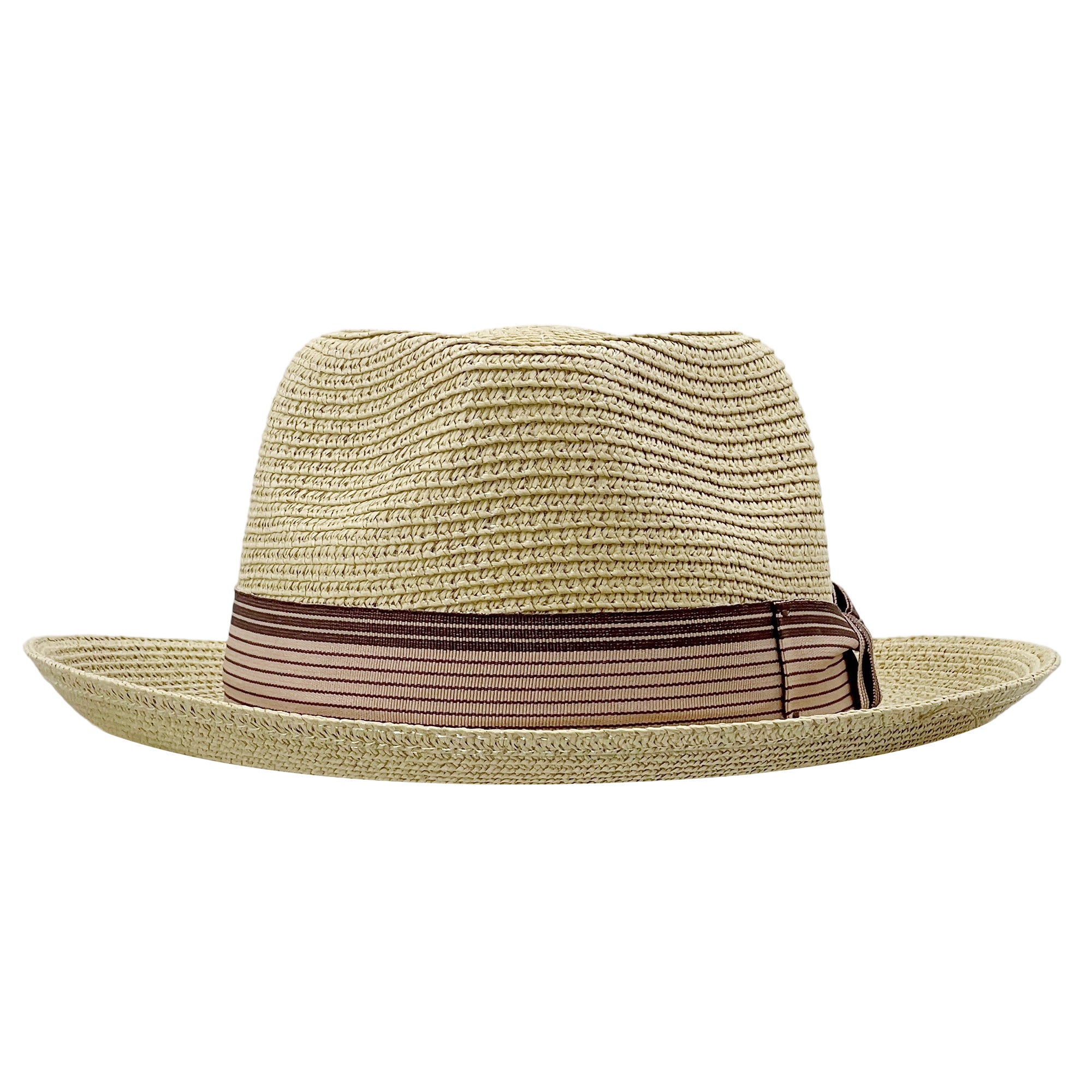 Straw Hat – Beige, Narrow Brim, Striped Band
