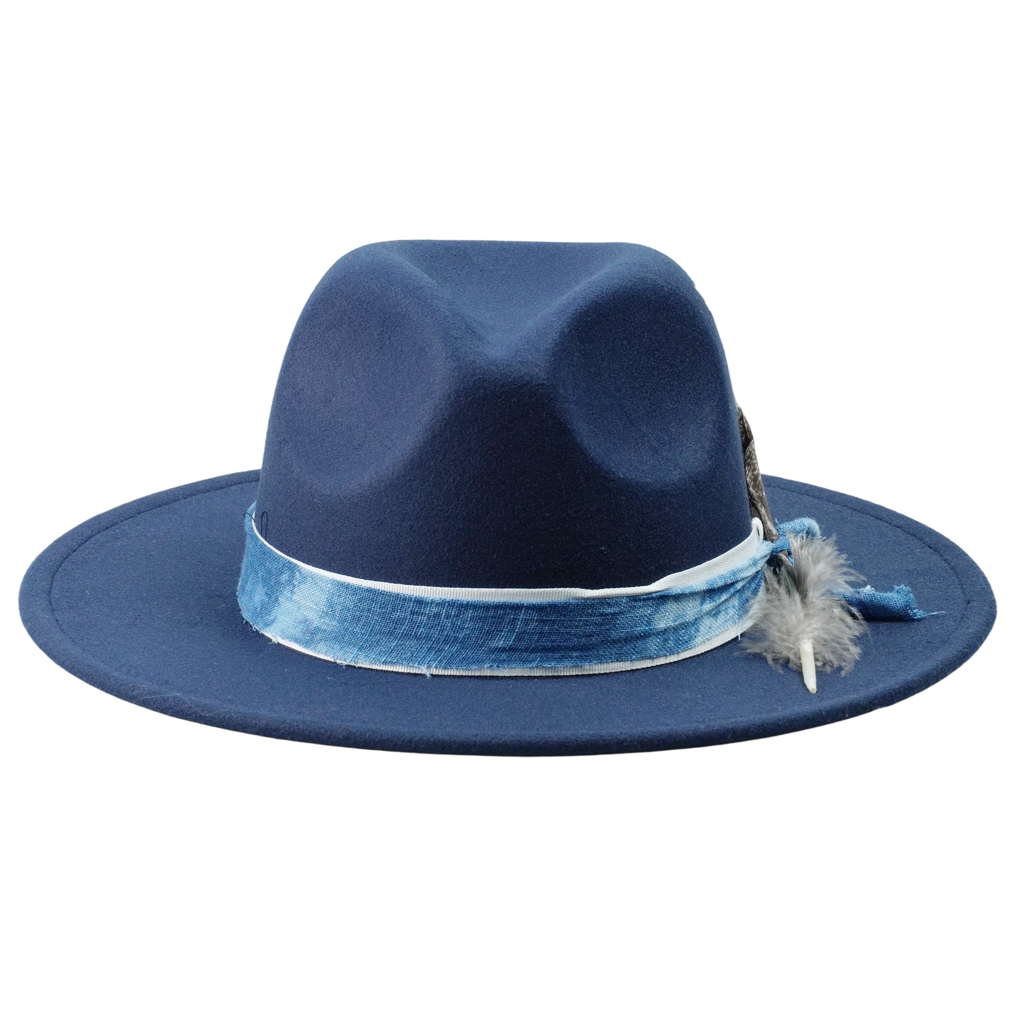 Blue Felt Fedora with Tie-Dye Band & Feather