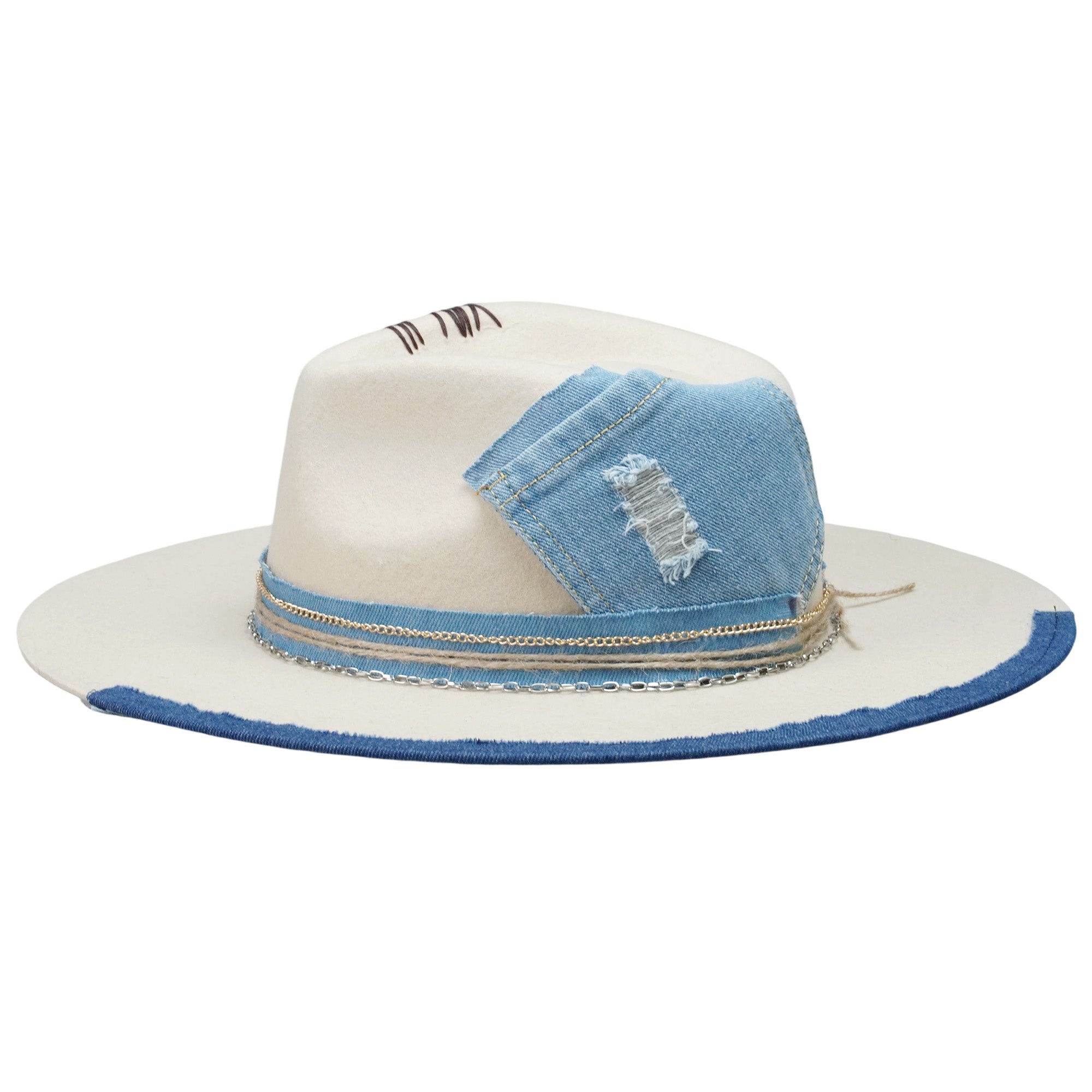 Teardrop Fedora - Cream with Denim Stitching