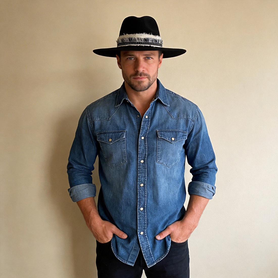 Black Wide-Brim Hat – Woven Band Detail