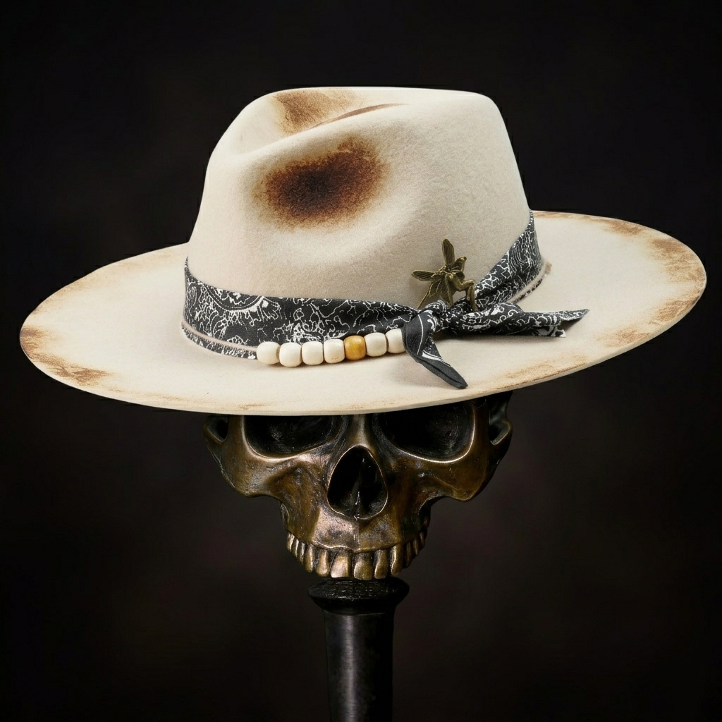 Hand-Burned Straight-Brim Felt Hat – Beaded Band, Vintage Metal Pin