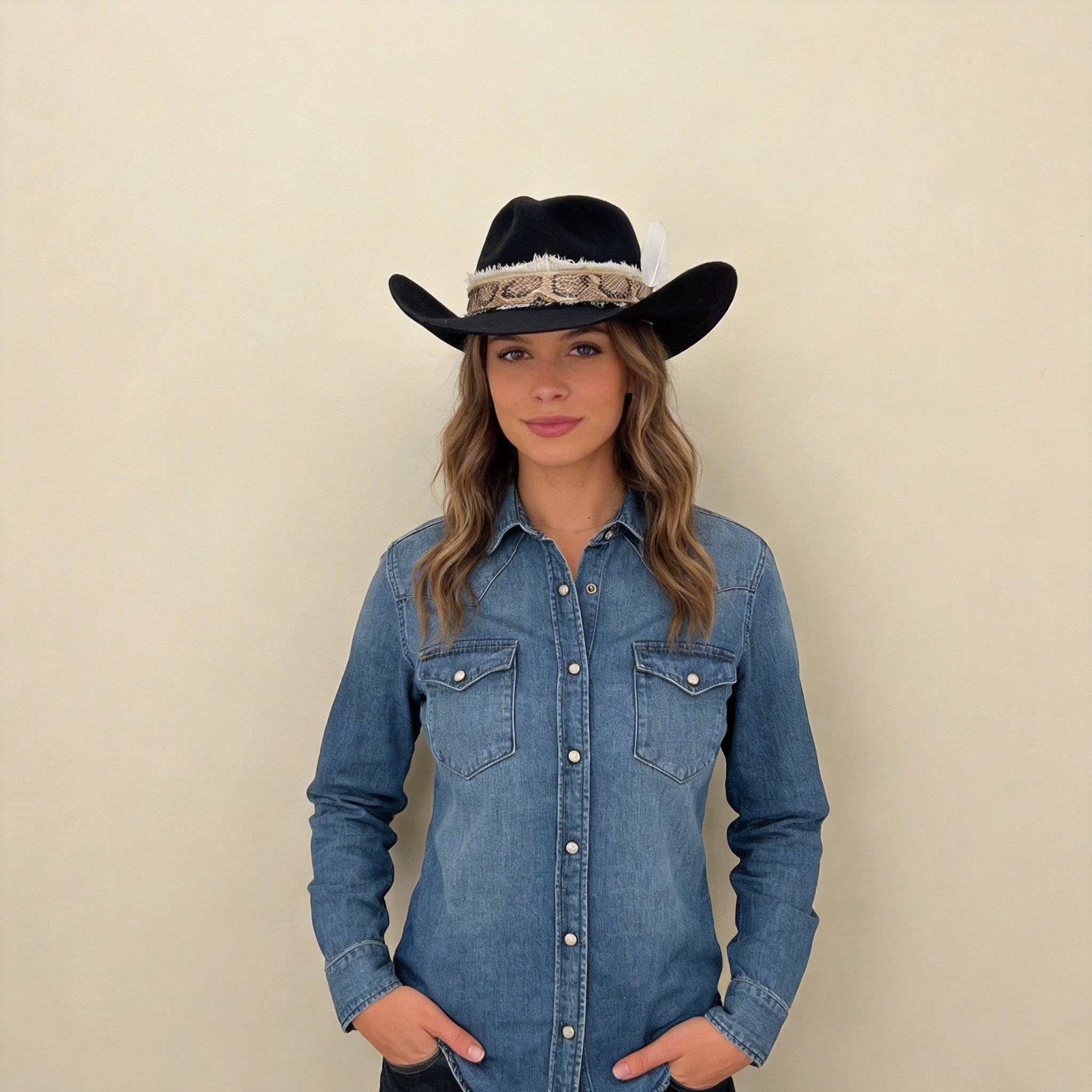 Black Cowboy Hat – Printed Band & Feather