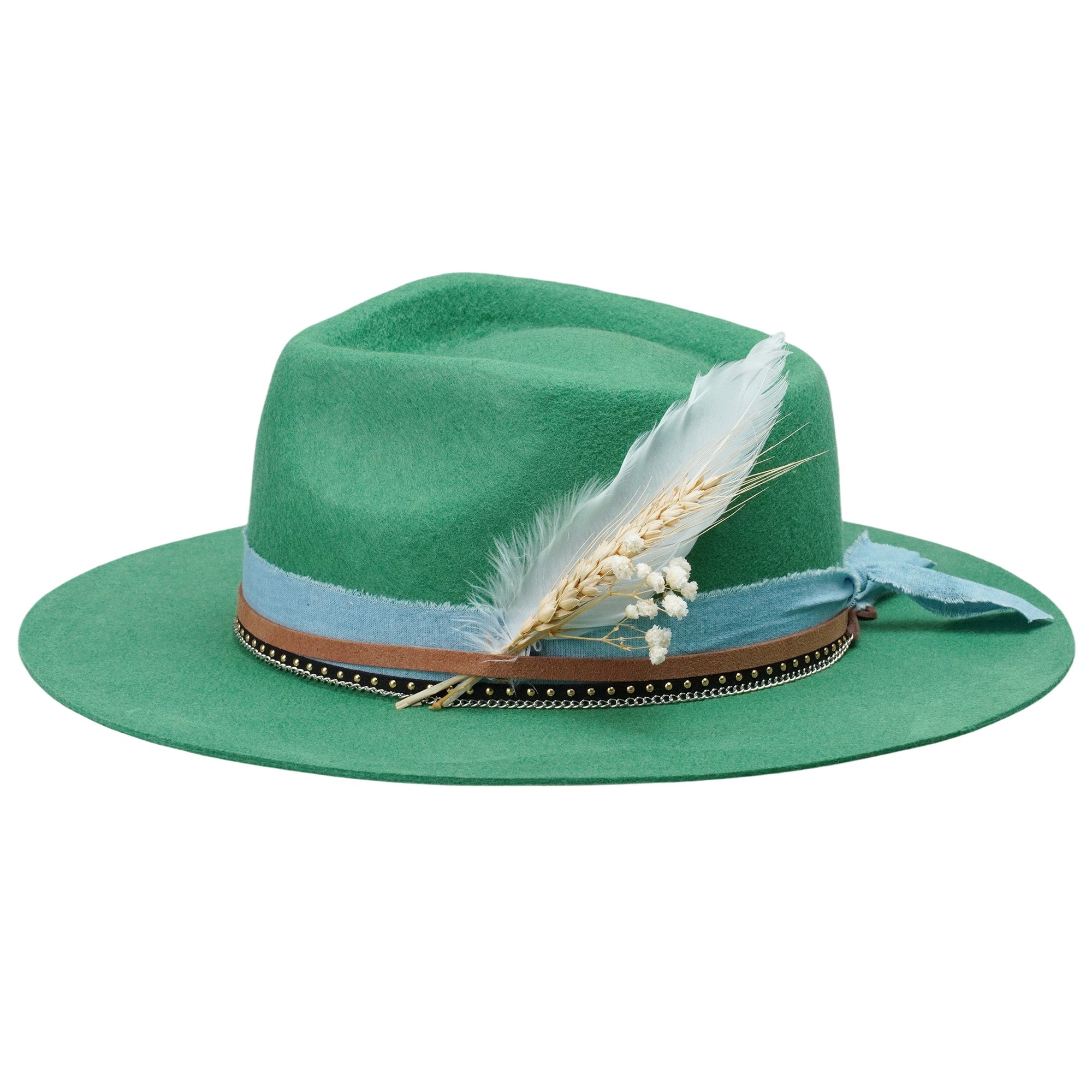 Green Straight Brim Felt Hat with Denim Band