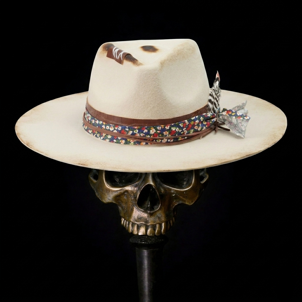 Hand-Burned Modern Felt Hat – Neutral Base, Mixed-Material Trim