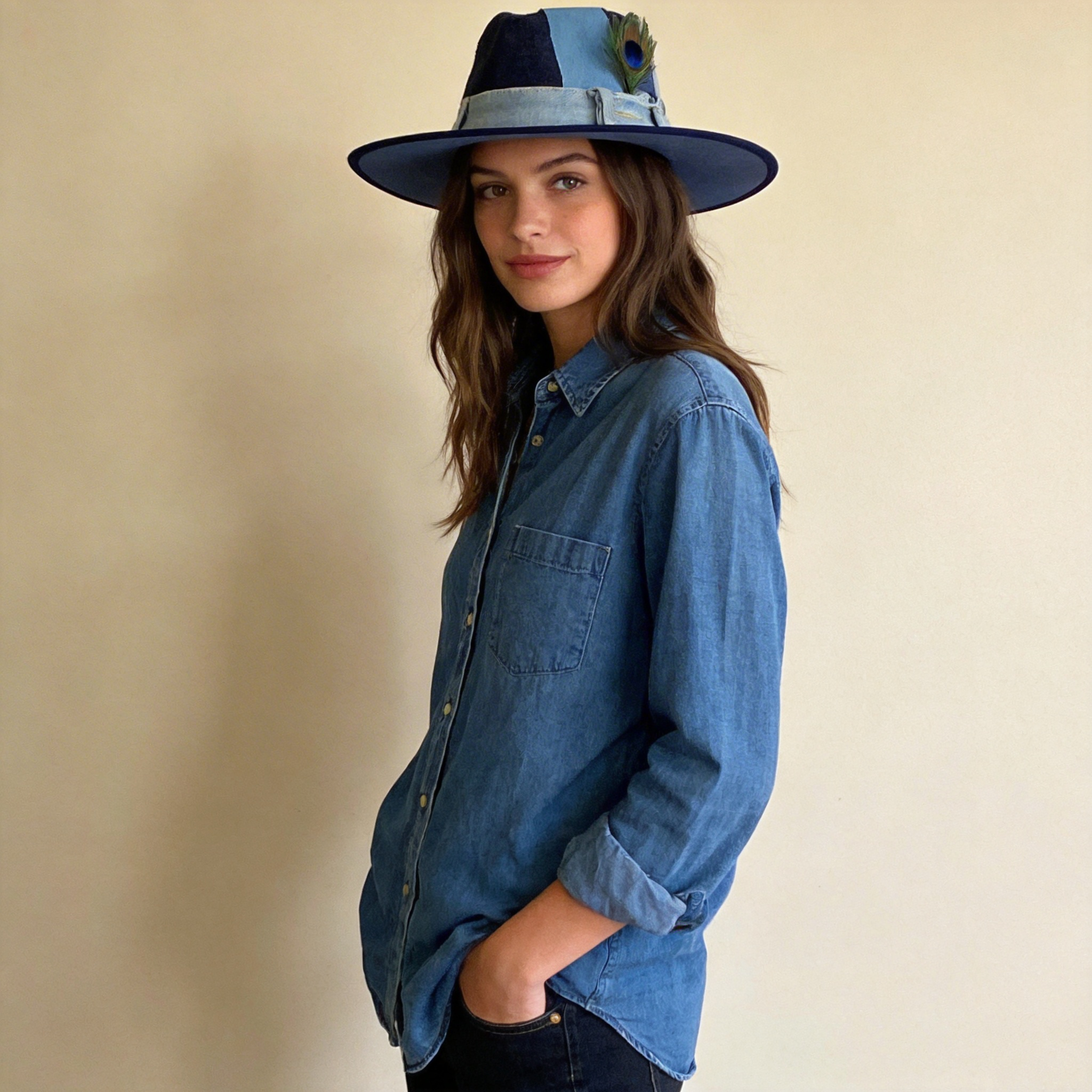 Patchwork Denim Wide-Brim Hat