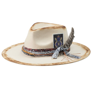Hand-Burned Statement Felt Hat – Distressed Finish, Custom Fabric Trim