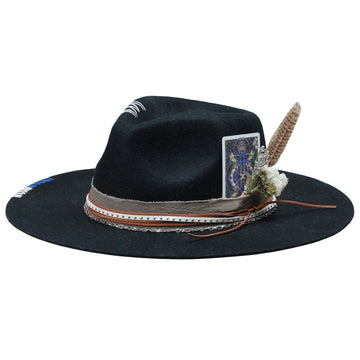 Gothic Felt Fedora with Mixed Textures & Card Accent